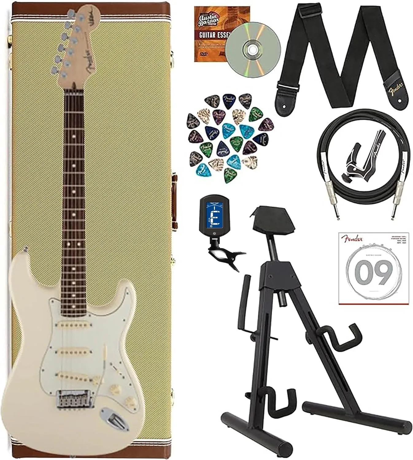 Fender Jeff Beck Stratocaster - Olympic White Bundle with Hard Case, Stand, Instrument Cable, Tuner, Capo, Fender Play Online Lessons, Strings, Picks, Strap, and Austin Bazaar Instructional DVD