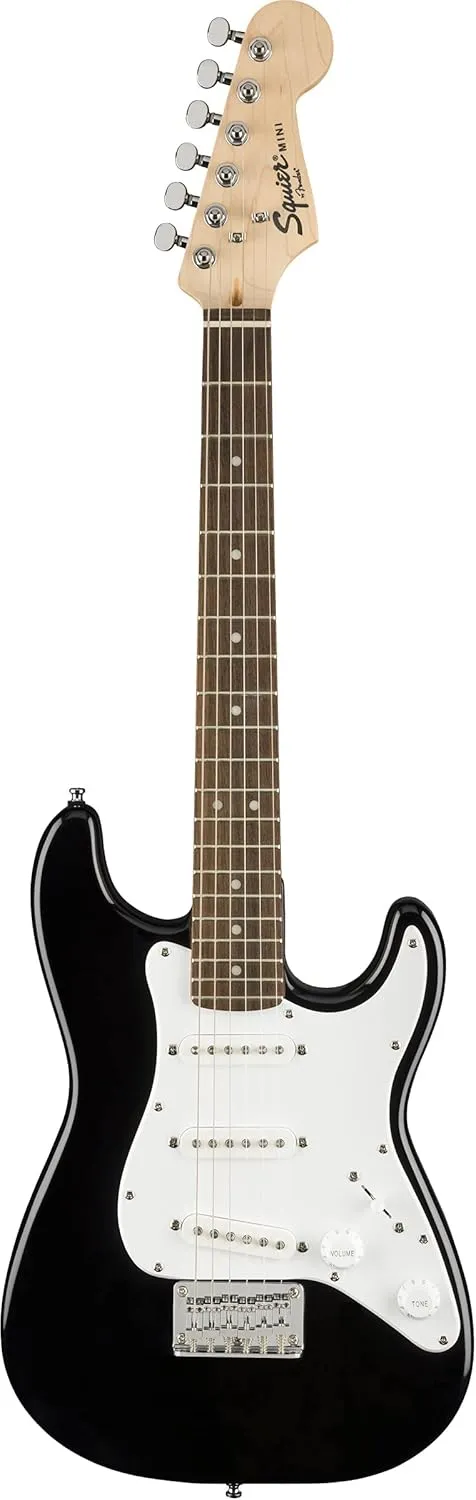 Fender Squier 3/4 Size Kids Mini Strat Electric Guitar Learn-to-Play Bundle w/ Amp, Cable, Tuner, Strap, Picks, Fender Play Online Lessons, and Austin Bazaar Instructional DVD - Black