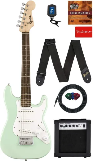 Fender Squier 3/4-Size Kids Mini Strat Electric Guitar - Surf Green Bundle with Amplifier, Instrument Cable, Tuner, Strap, Picks, Online Lessons, and Austin Bazaar Instructional DVD