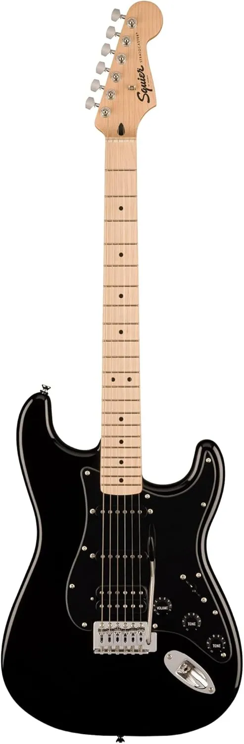 Fender Squier Sonic Stratocaster HSS - Black Bundle with Strap, Picks, and Austin Bazaar Guitar DVD