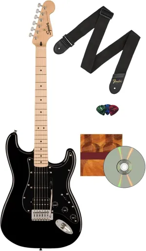 Fender Squier Sonic Stratocaster HSS - Black Bundle with Strap, Picks, and Austin Bazaar Guitar DVD