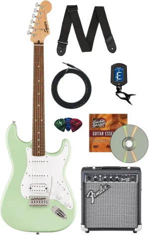 Fender Squier Sonic Stratocaster HSS - Surf Green Bundle with Amp, Cable, Tuner, Strap, Picks, and Austin Bazaar Guitar DVD