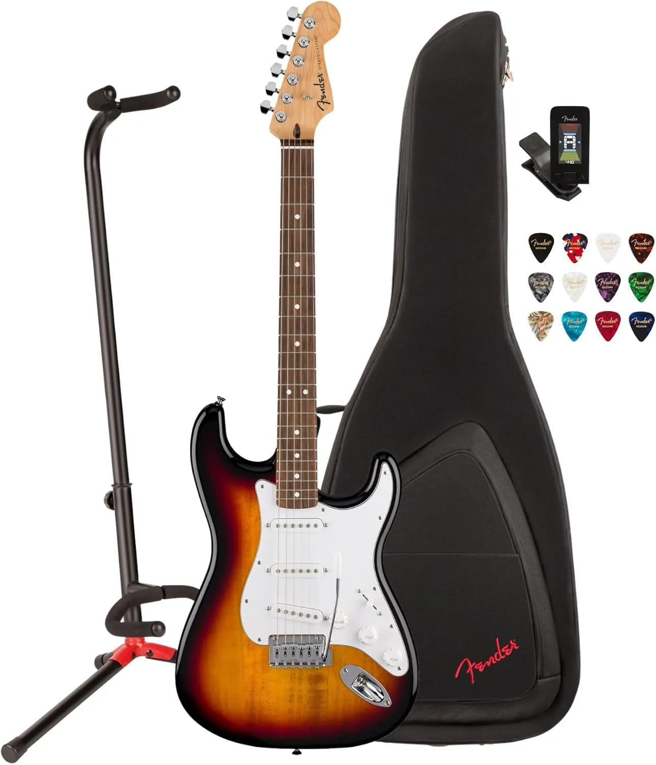Fender Standard Stratocaster 6-String Electric Guitar with Poplar Body (3-Color Sunburst) Bundle with FE620 Gig Bag (Black), Stand, Original Tuner, and Picks (12 Pack) (5 Items)