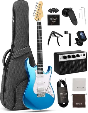 Fesley 39 Inch Electric Guitar: Beginner Electric Guitar Kit with HSS Pickup, Full Size Solid Body Guitar Starter Set with Amplifier, Bag, Strap, String, Cable, Picks, FST100, Blue