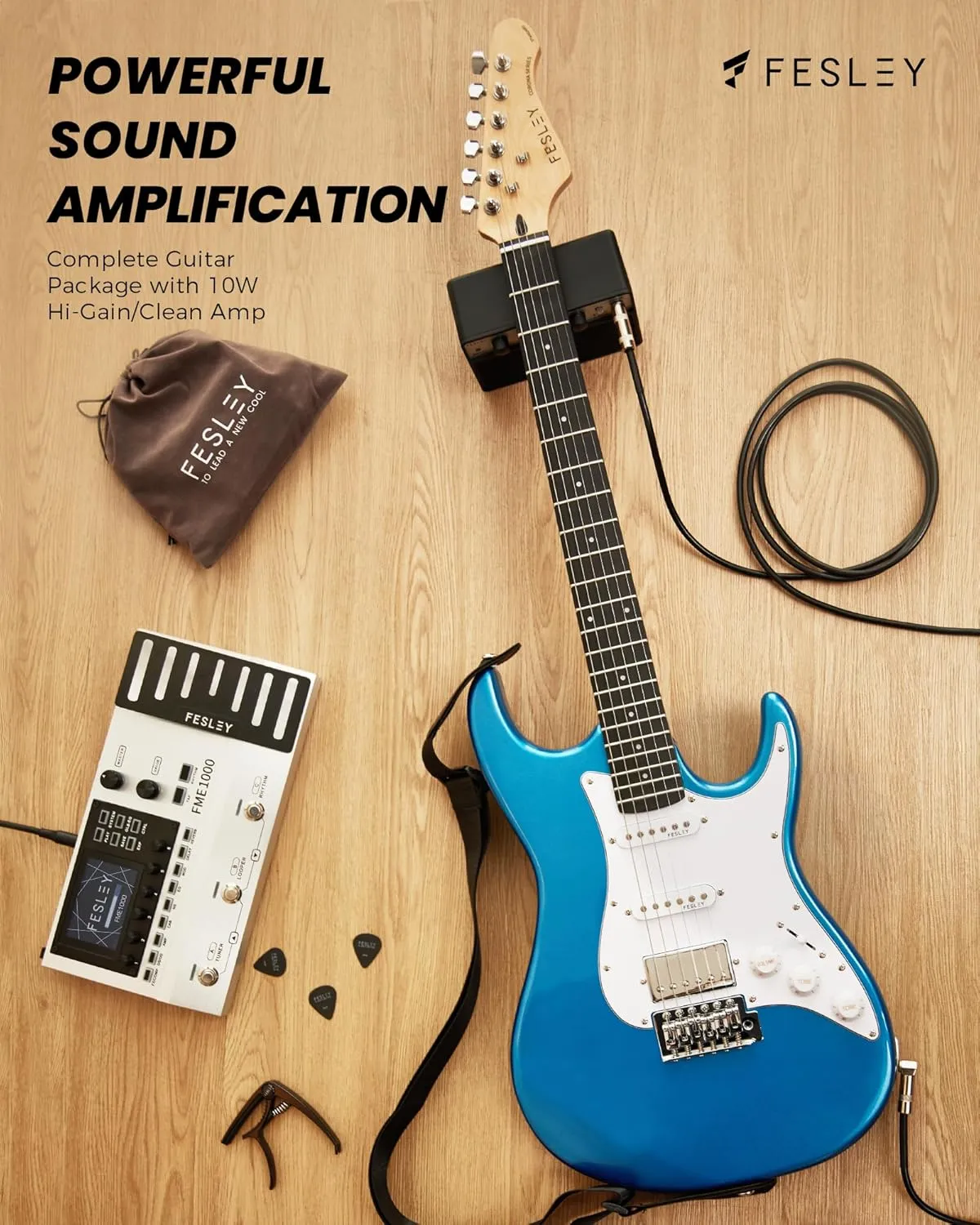 Fesley 39 Inch Electric Guitar: Beginner Electric Guitar Kit with HSS Pickup, Full Size Solid Body Guitar Starter Set with Amplifier, Bag, Strap, String, Cable, Picks, FST100, Blue