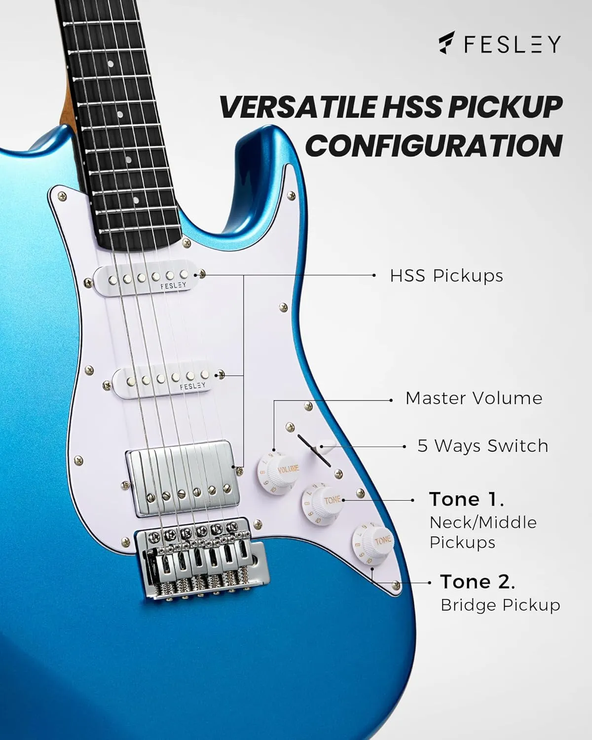 Fesley 39 Inch Electric Guitar: Beginner Electric Guitar Kit with HSS Pickup, Full Size Solid Body Guitar Starter Set with Amplifier, Bag, Strap, String, Cable, Picks, FST100, Blue