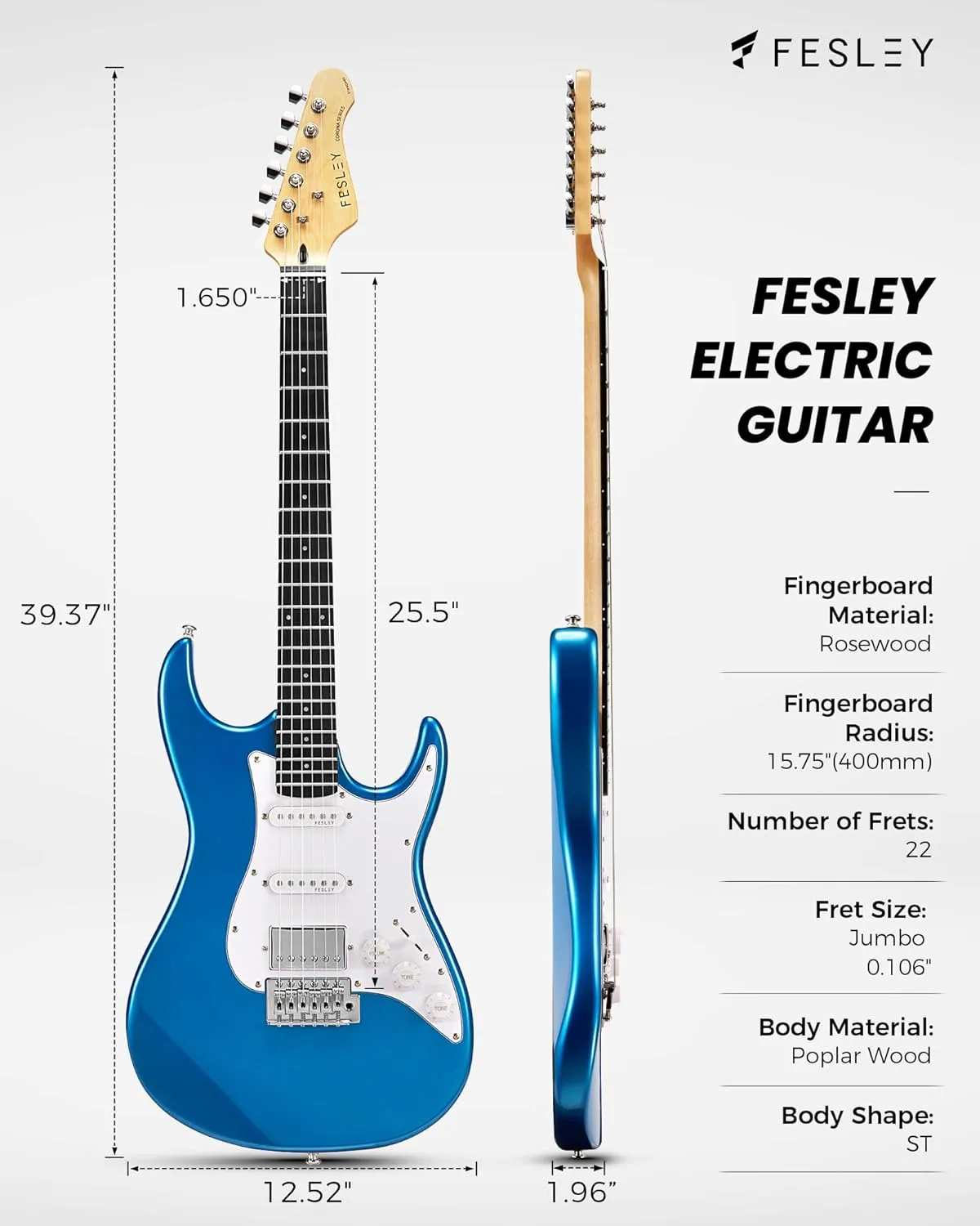 Fesley 39 Inch Electric Guitar: Beginner Electric Guitar Kit with HSS Pickup, Full Size Solid Body Guitar Starter Set with Amplifier, Bag, Strap, String, Cable, Picks, FST100, Blue