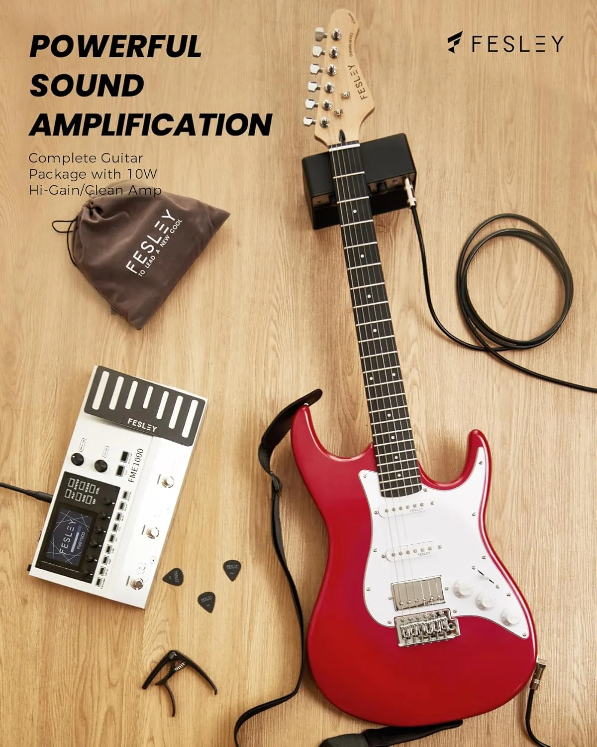 Fesley 39 Inch Electric Guitar: Beginner Electric Guitar Kit with HSS Pickup, Full Size Solid Body Guitar Starter Set with Amplifier, Bag, Strap, String, Cable, Picks, FST100, Red