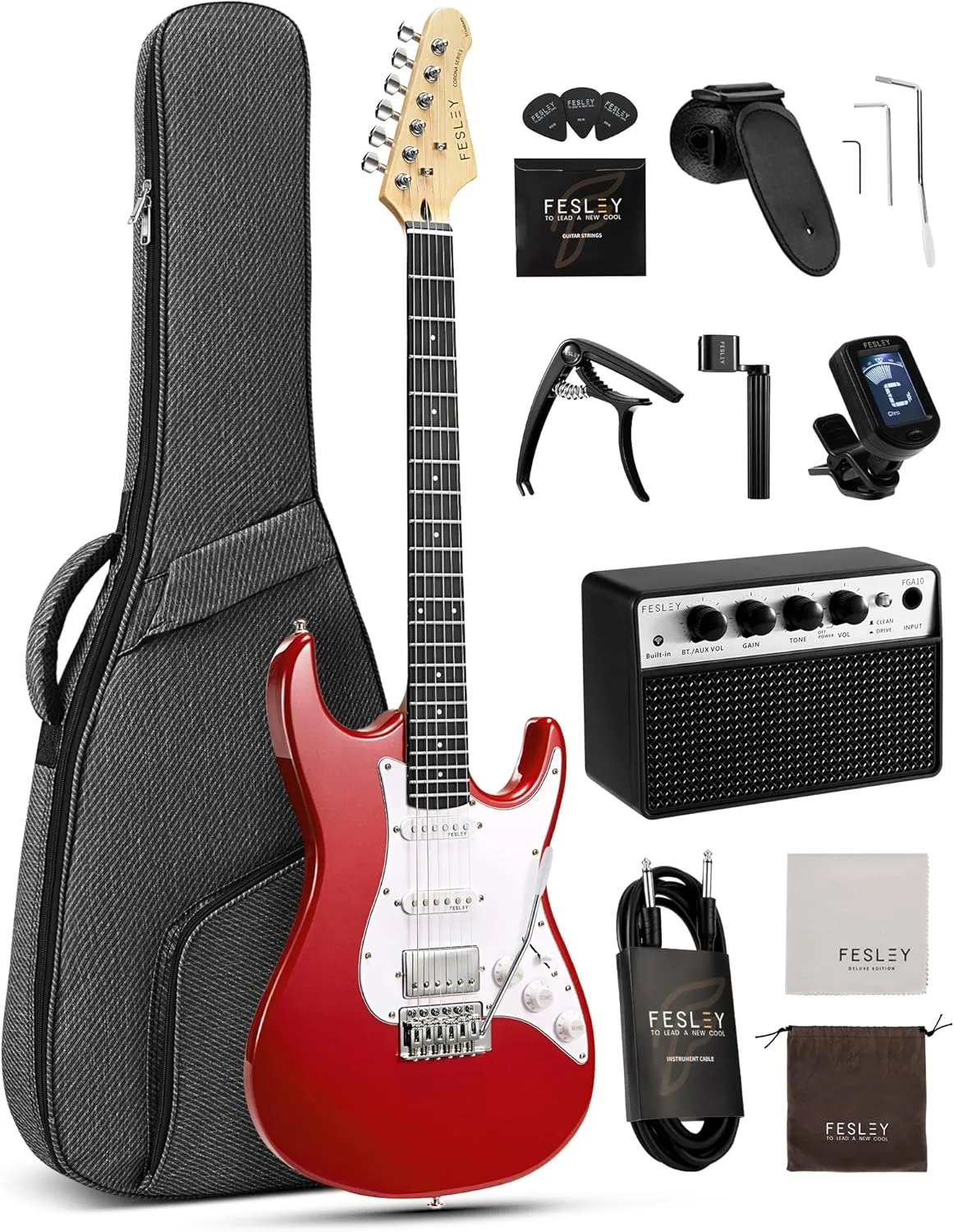 Fesley 39 Inch Electric Guitar: Beginner Electric Guitar Kit with HSS Pickup, Full Size Solid Body Guitar Starter Set with Amplifier, Bag, Strap, String, Cable, Picks, FST100, Red