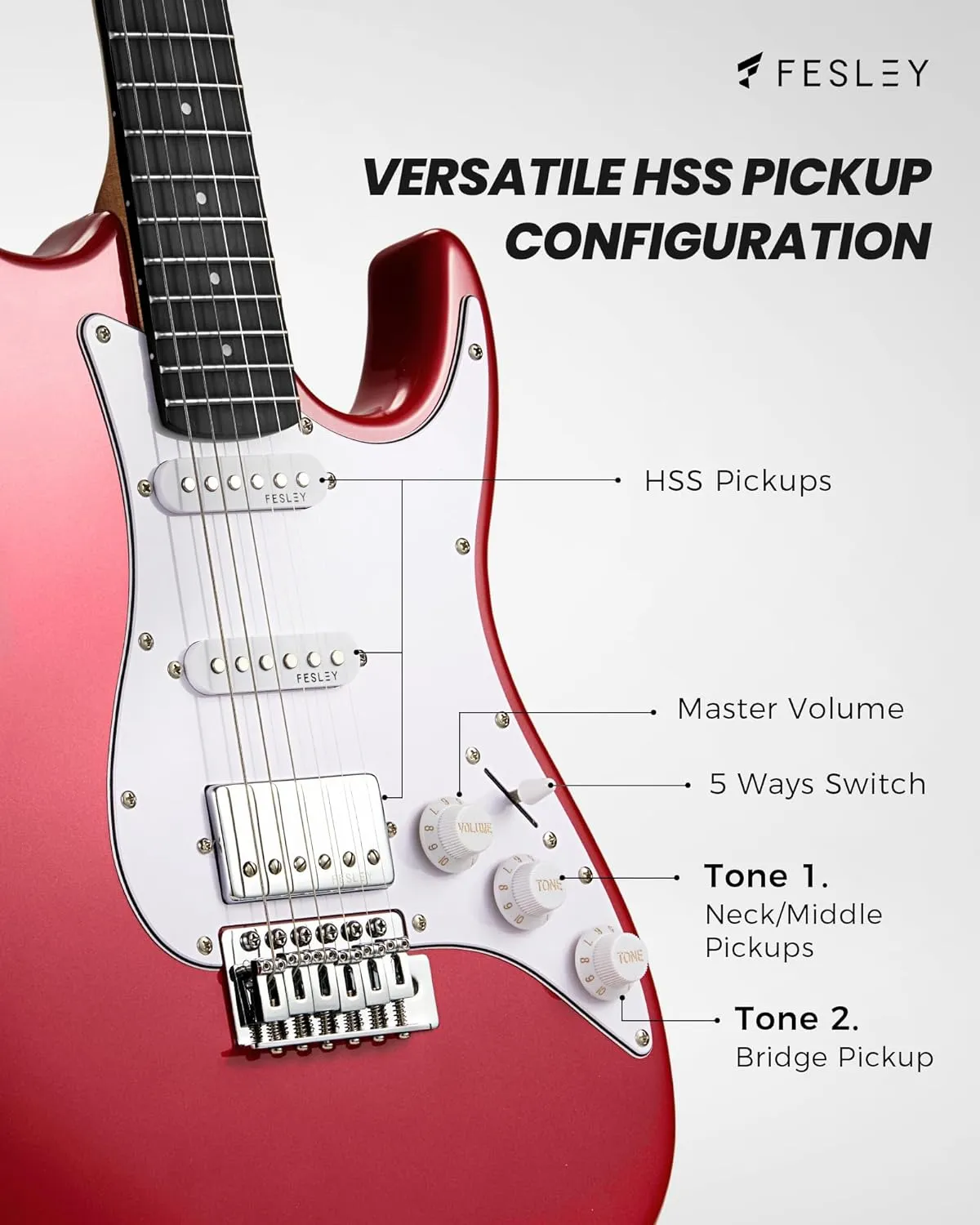 Fesley 39 Inch Electric Guitar: Beginner Electric Guitar Kit with HSS Pickup, Full Size Solid Body Guitar Starter Set with Amplifier, Bag, Strap, String, Cable, Picks, FST100, Red