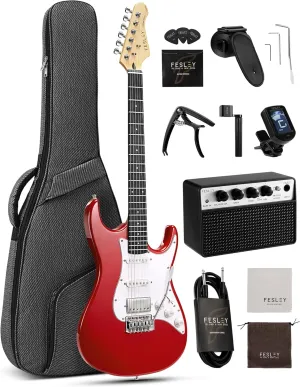 Fesley 39 Inch Electric Guitar: Beginner Electric Guitar Kit with HSS Pickup, Full Size Solid Body Guitar Starter Set with Amplifier, Bag, Strap, String, Cable, Picks, FST100, Red