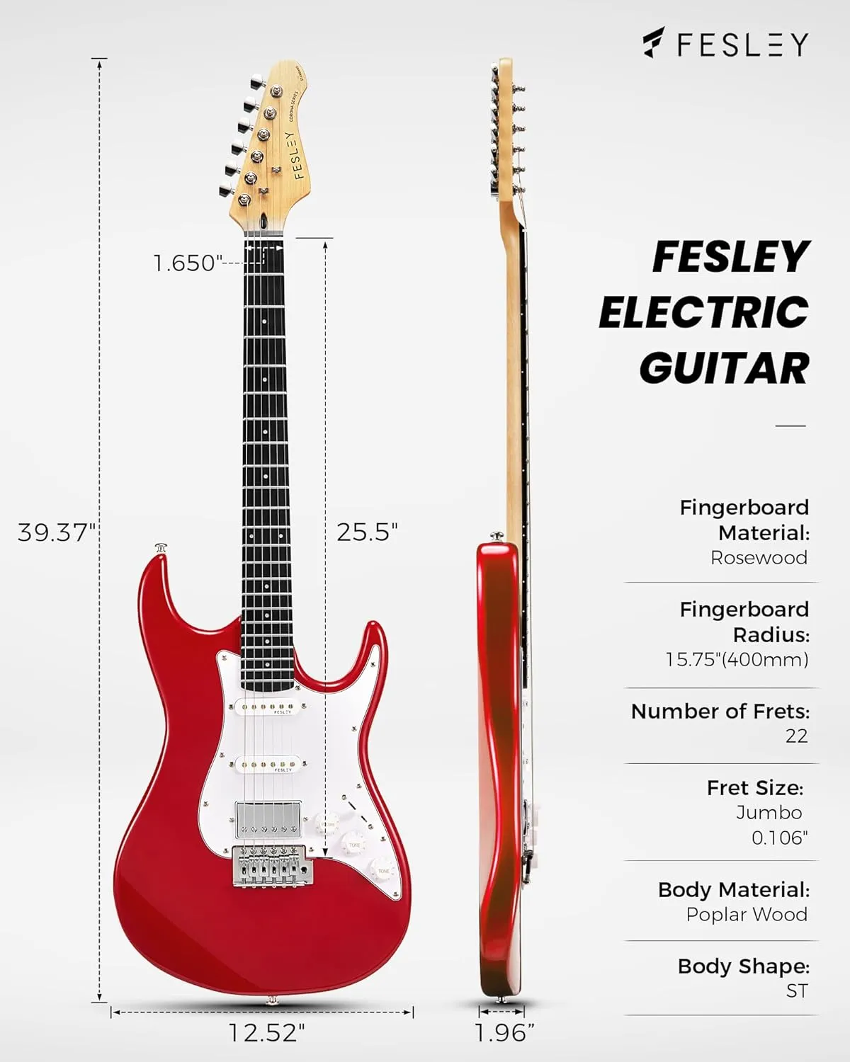 Fesley 39 Inch Electric Guitar: Beginner Electric Guitar Kit with HSS Pickup, Full Size Solid Body Guitar Starter Set with Amplifier, Bag, Strap, String, Cable, Picks, FST100, Red