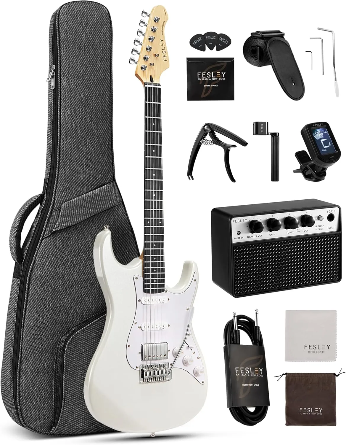 Fesley 39 Inch Electric Guitar: Beginner Electric Guitar Kit with HSS Pickup, Full Size Solid Body Guitar Starter Set with Amplifier, Bag, Strap, String, Cable, Picks, FST100, White