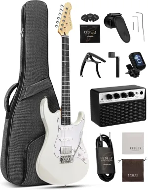 Fesley 39 Inch Electric Guitar: Beginner Electric Guitar Kit with HSS Pickup, Full Size Solid Body Guitar Starter Set with Amplifier, Bag, Strap, String, Cable, Picks, FST100, White