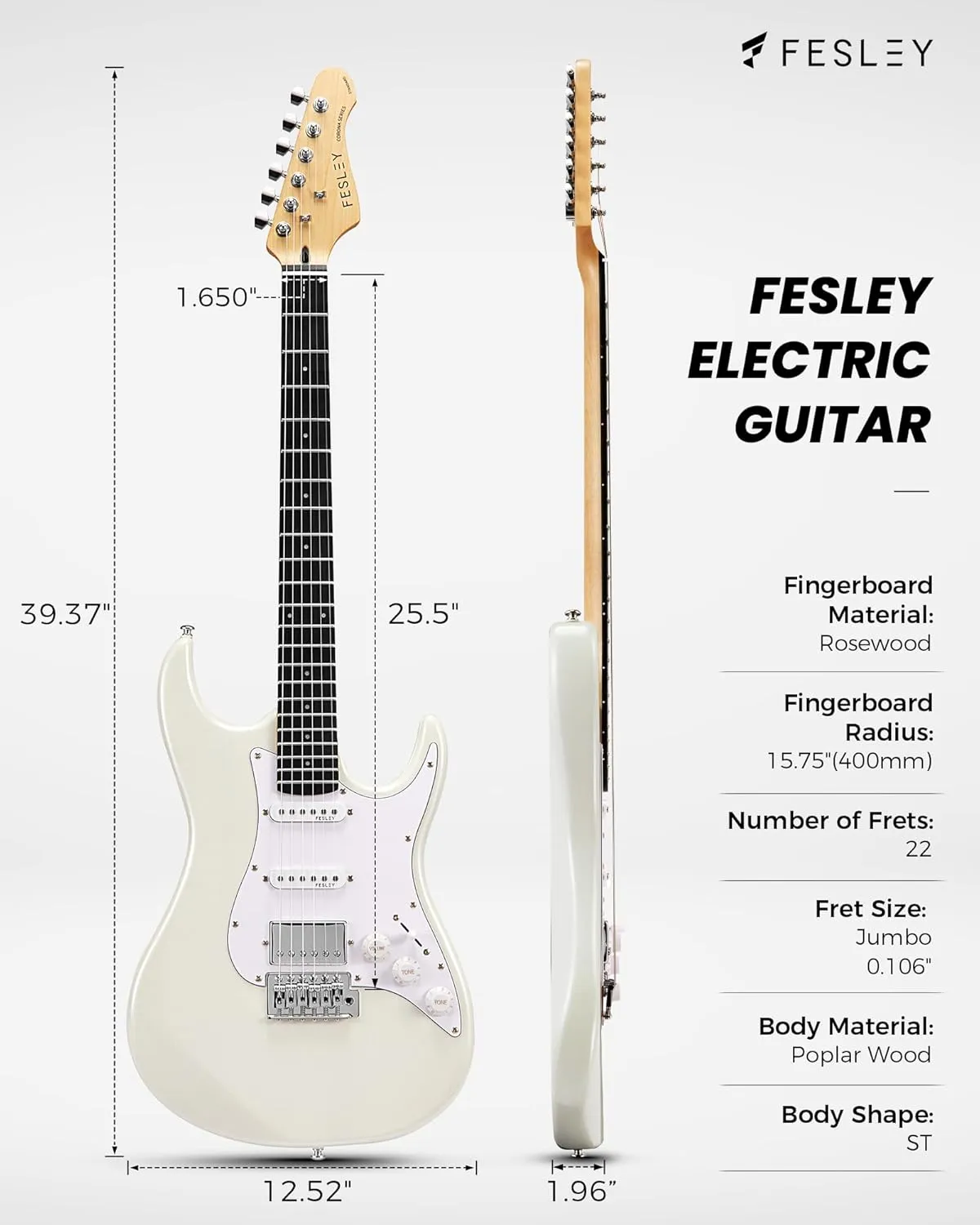 Fesley 39 Inch Electric Guitar: Beginner Electric Guitar Kit with HSS Pickup, Full Size Solid Body Guitar Starter Set with Amplifier, Bag, Strap, String, Cable, Picks, FST100, White