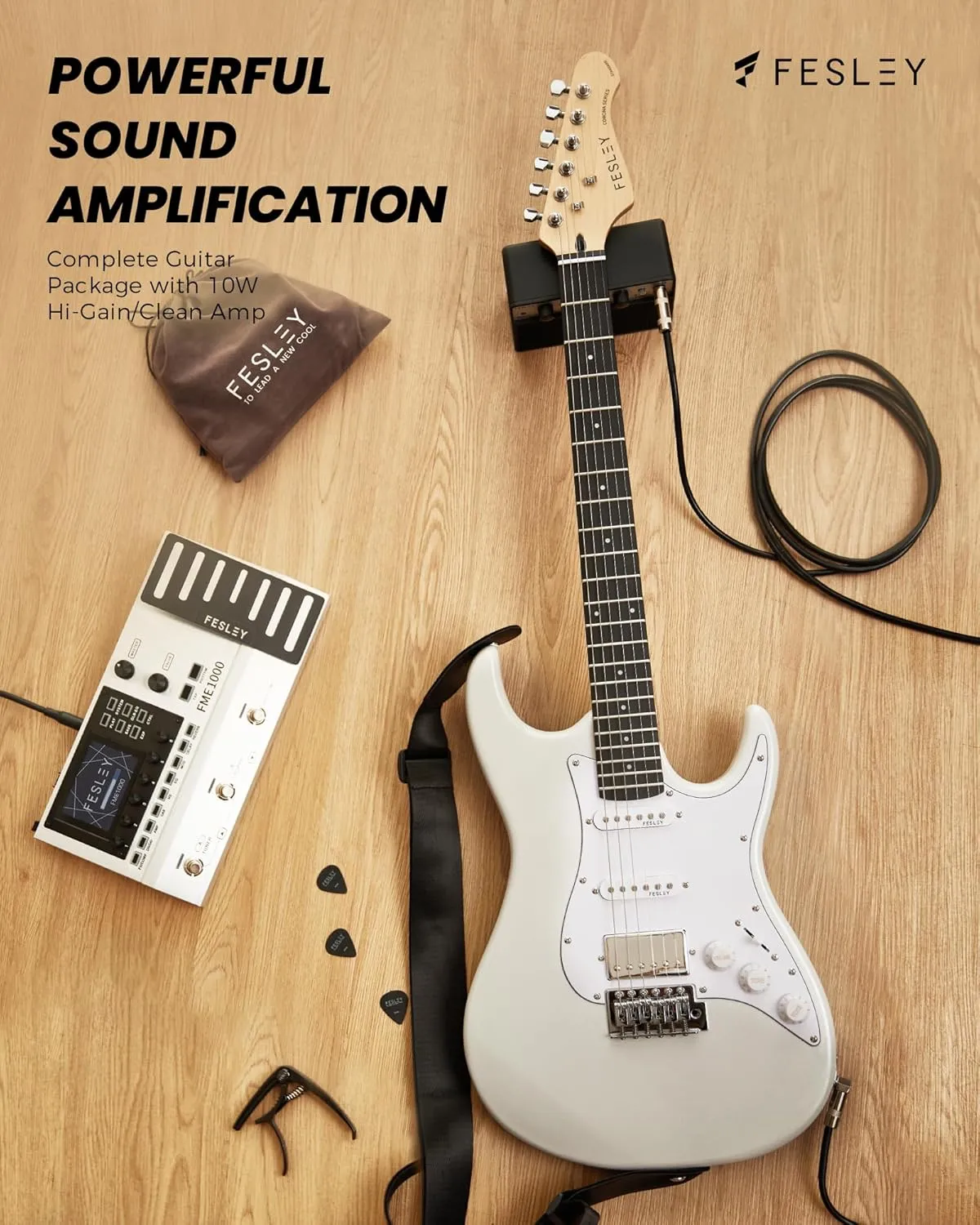 Fesley 39 Inch Electric Guitar: Beginner Electric Guitar Kit with HSS Pickup, Full Size Solid Body Guitar Starter Set with Amplifier, Bag, Strap, String, Cable, Picks, FST100, White