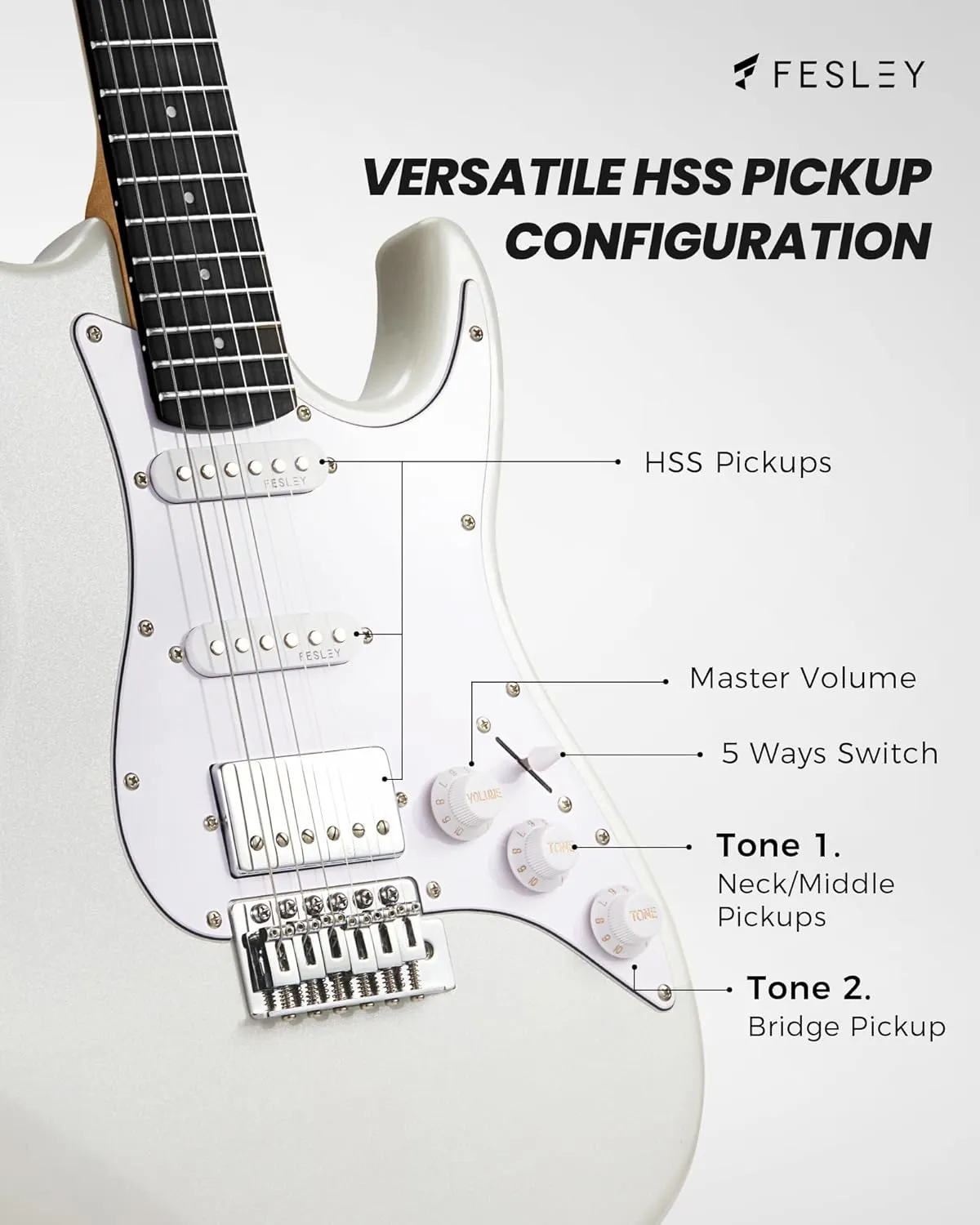 Fesley 39 Inch Electric Guitar: Beginner Electric Guitar Kit with HSS Pickup, Full Size Solid Body Guitar Starter Set with Amplifier, Bag, Strap, String, Cable, Picks, FST100, White