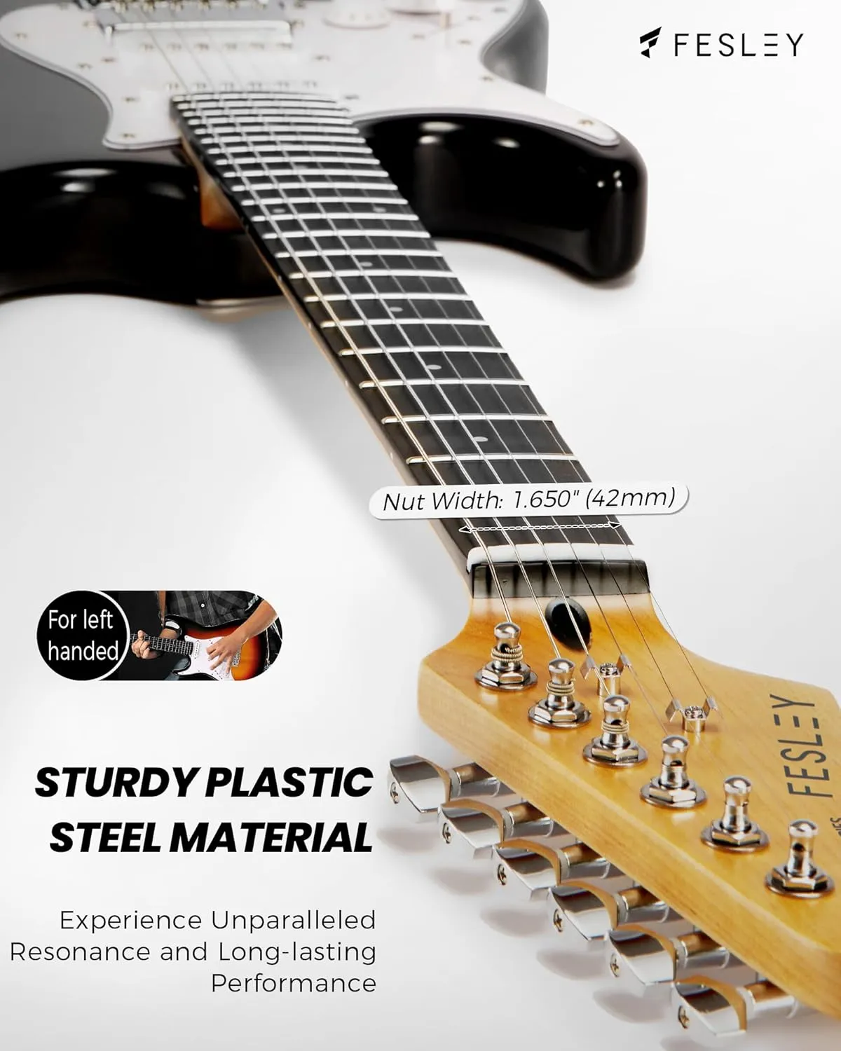 Fesley Left-Handed Electric Guitar: 39" Full Size Beginner Electric Guitar Kit, HSS Pickup, Solid Body Guitar Starter Set with Amplifier, Bag, Strap, String, Cable, FST100L, Black