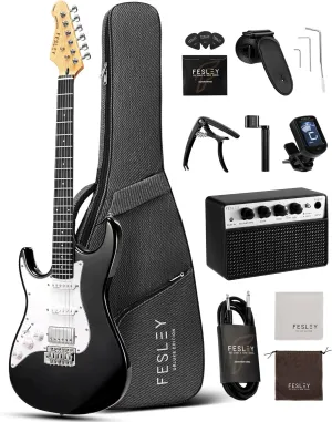 Fesley Left-Handed Electric Guitar: 39" Full Size Beginner Electric Guitar Kit, HSS Pickup, Solid Body Guitar Starter Set with Amplifier, Bag, Strap, String, Cable, FST100L, Black