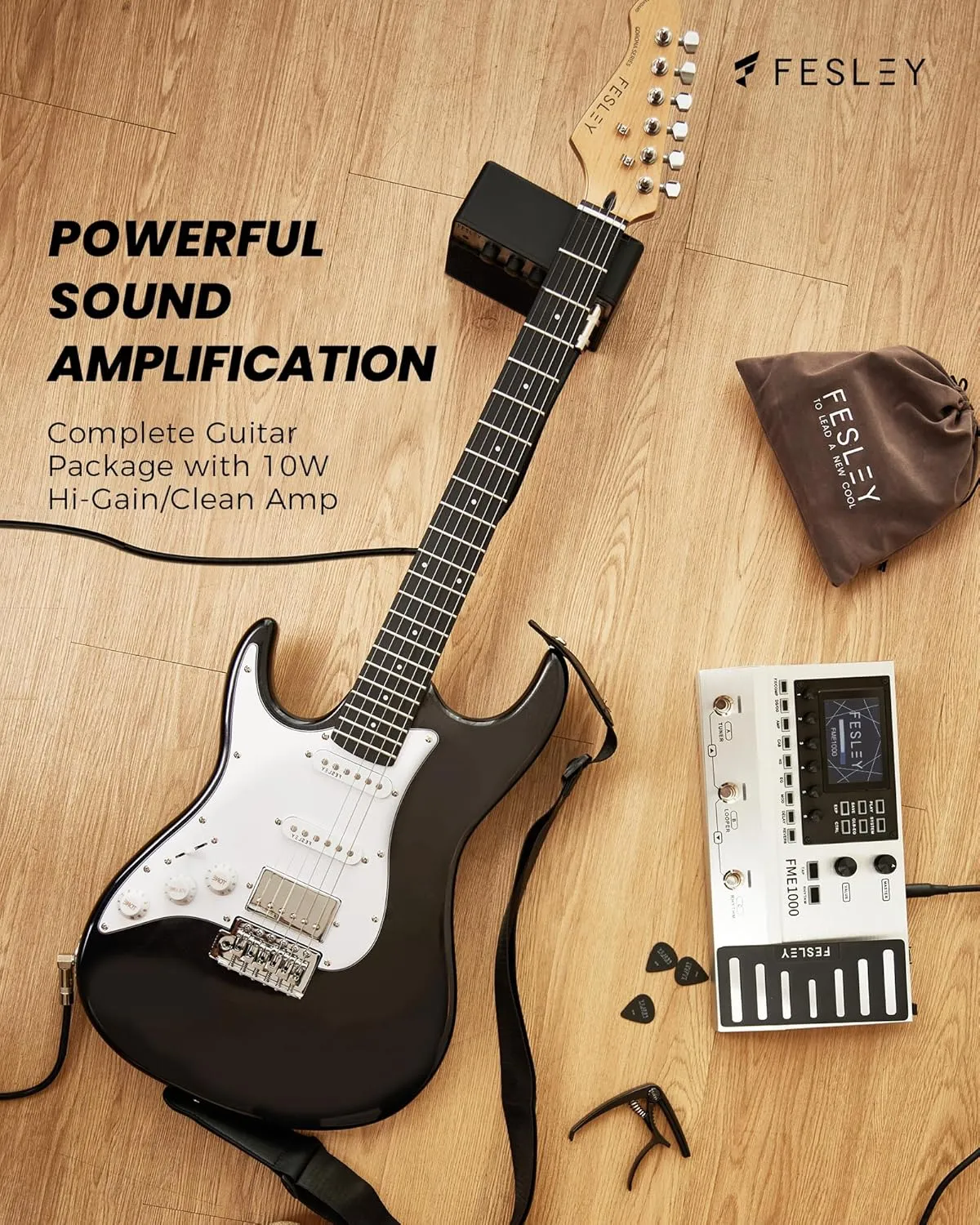Fesley Left-Handed Electric Guitar: 39" Full Size Beginner Electric Guitar Kit, HSS Pickup, Solid Body Guitar Starter Set with Amplifier, Bag, Strap, String, Cable, FST100L, Black