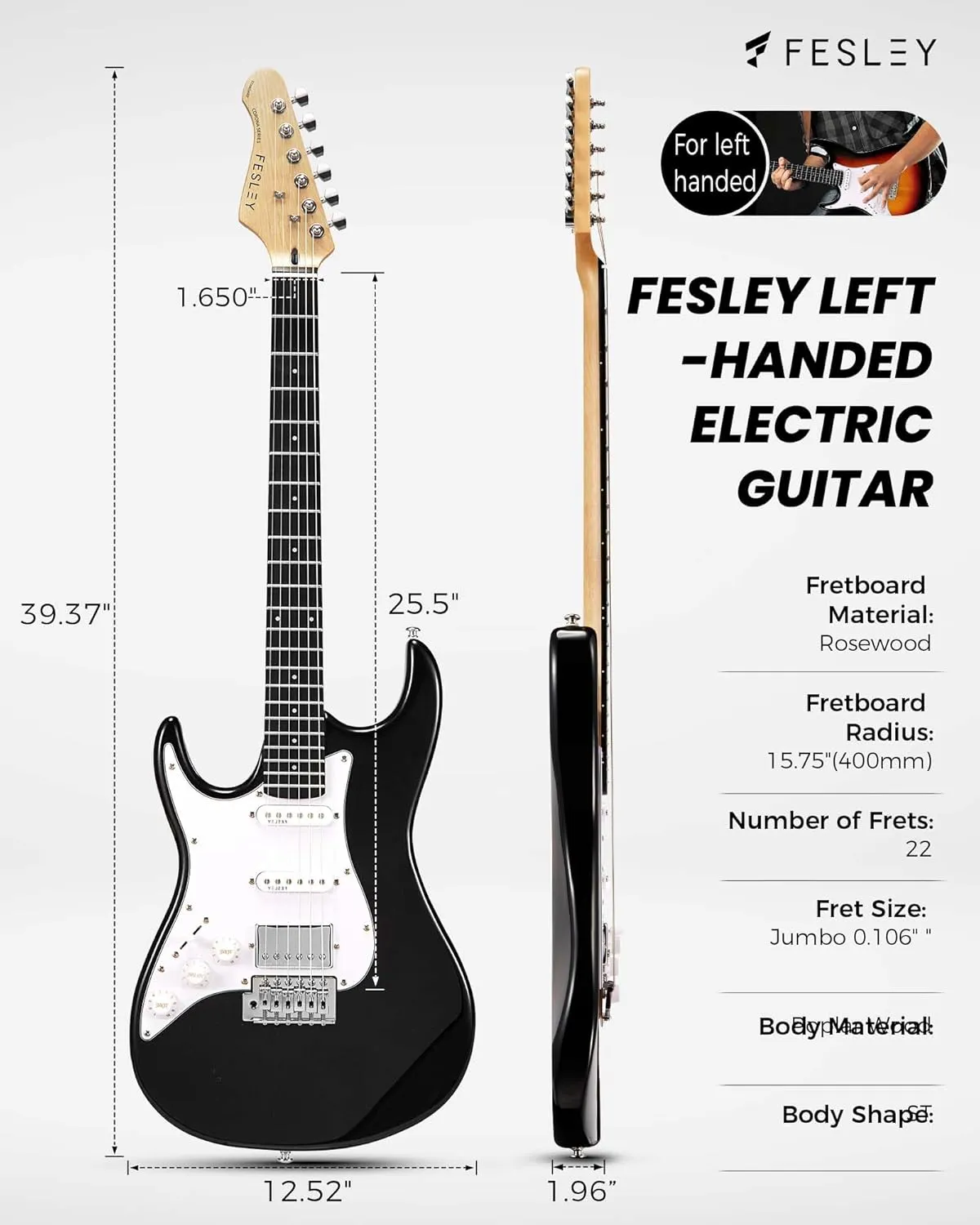 Fesley Left-Handed Electric Guitar: 39" Full Size Beginner Electric Guitar Kit, HSS Pickup, Solid Body Guitar Starter Set with Amplifier, Bag, Strap, String, Cable, FST100L, Black