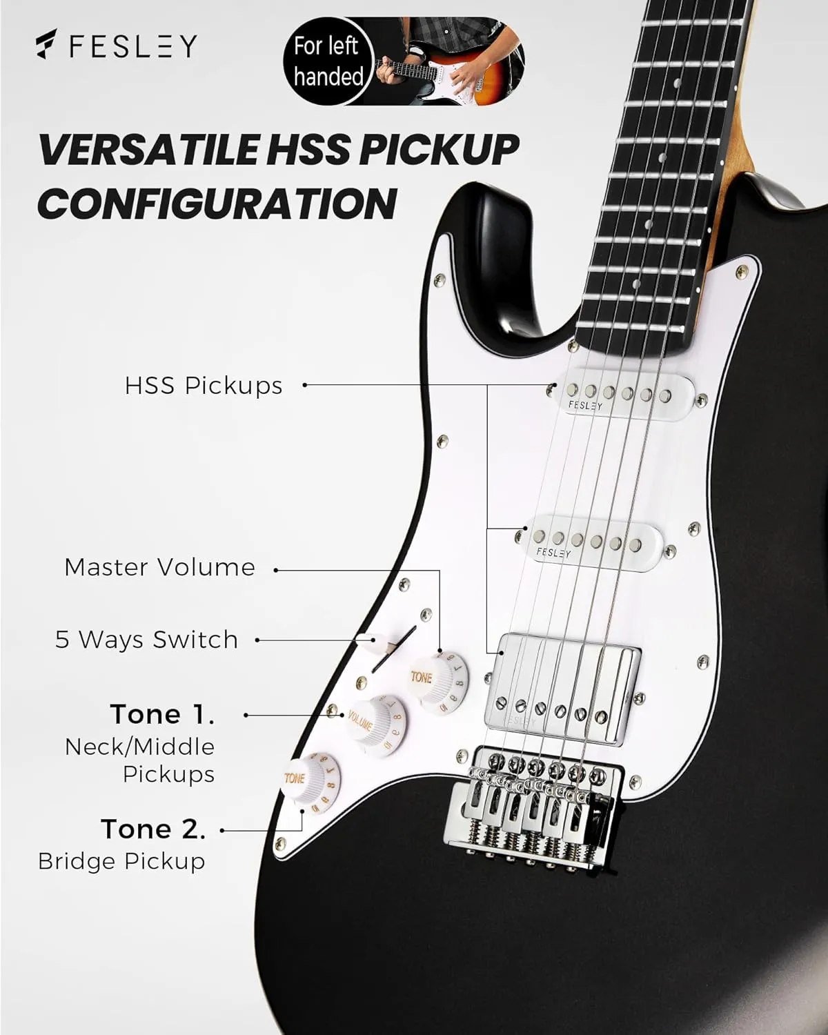 Fesley Left-Handed Electric Guitar: 39" Full Size Beginner Electric Guitar Kit, HSS Pickup, Solid Body Guitar Starter Set with Amplifier, Bag, Strap, String, Cable, FST100L, Black