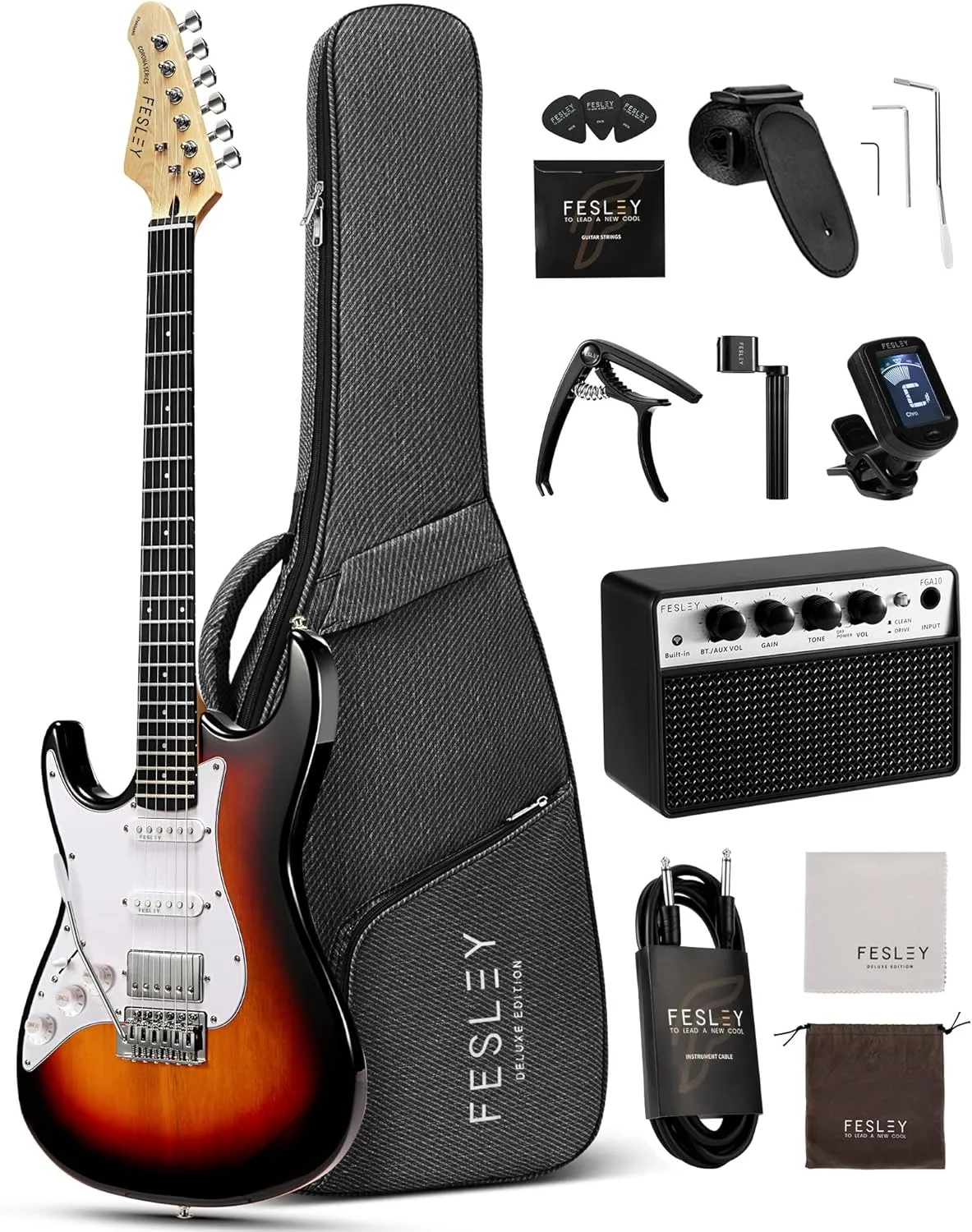 Fesley Left-Handed Electric Guitar: 39" Full Size Beginner Electric Guitar Kit, HSS Pickup, Solid Body Guitar Starter Set with Amplifier, Bag, Strap, String, Cable, FST100L, Sunburst