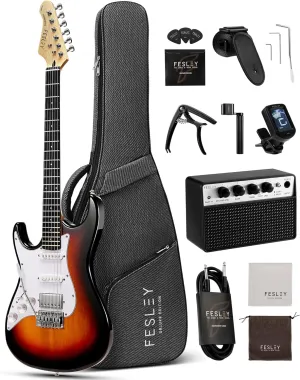 Fesley Left-Handed Electric Guitar: 39" Full Size Beginner Electric Guitar Kit, HSS Pickup, Solid Body Guitar Starter Set with Amplifier, Bag, Strap, String, Cable, FST100L, Sunburst