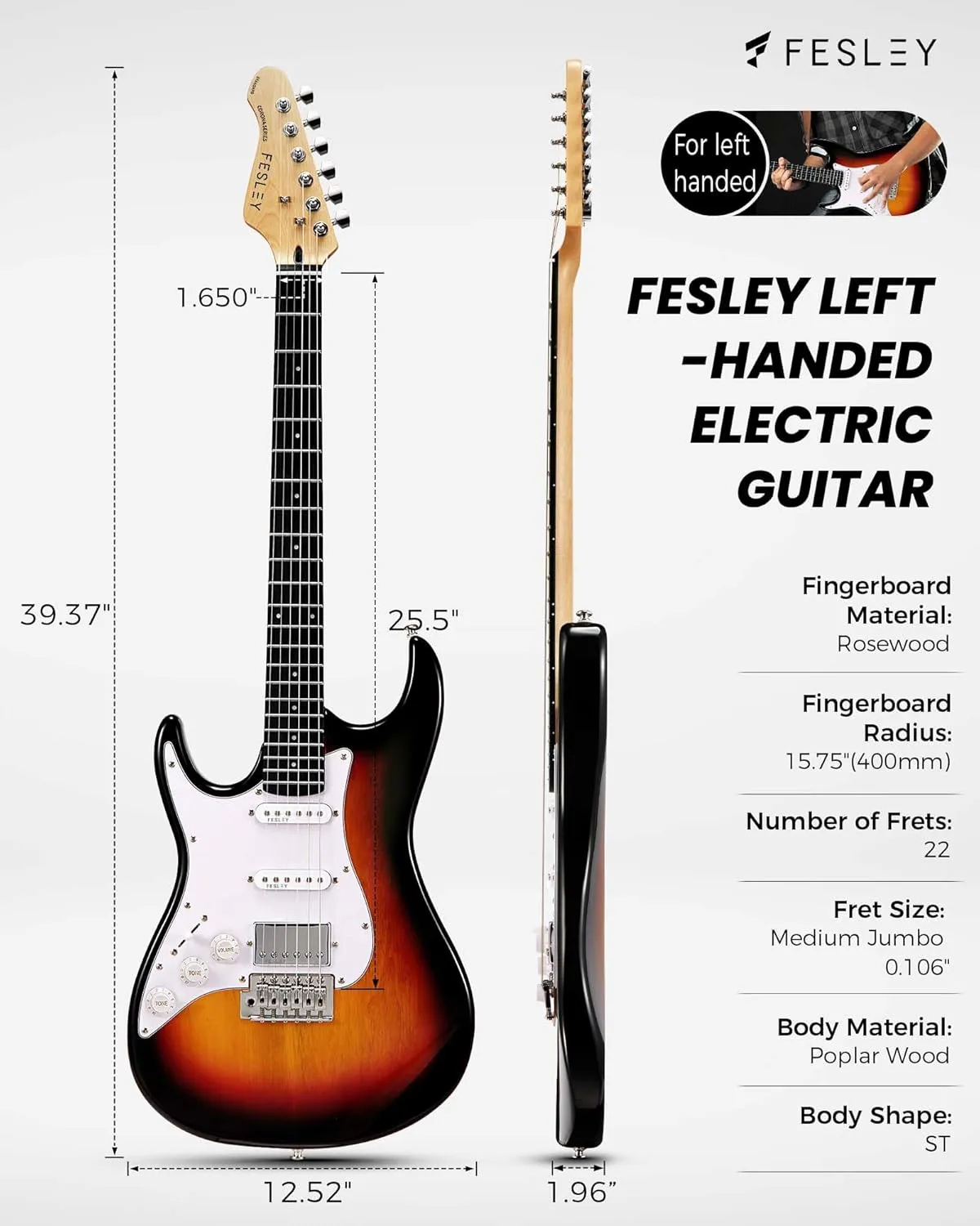 Fesley Left-Handed Electric Guitar: 39" Full Size Beginner Electric Guitar Kit, HSS Pickup, Solid Body Guitar Starter Set with Amplifier, Bag, Strap, String, Cable, FST100L, Sunburst