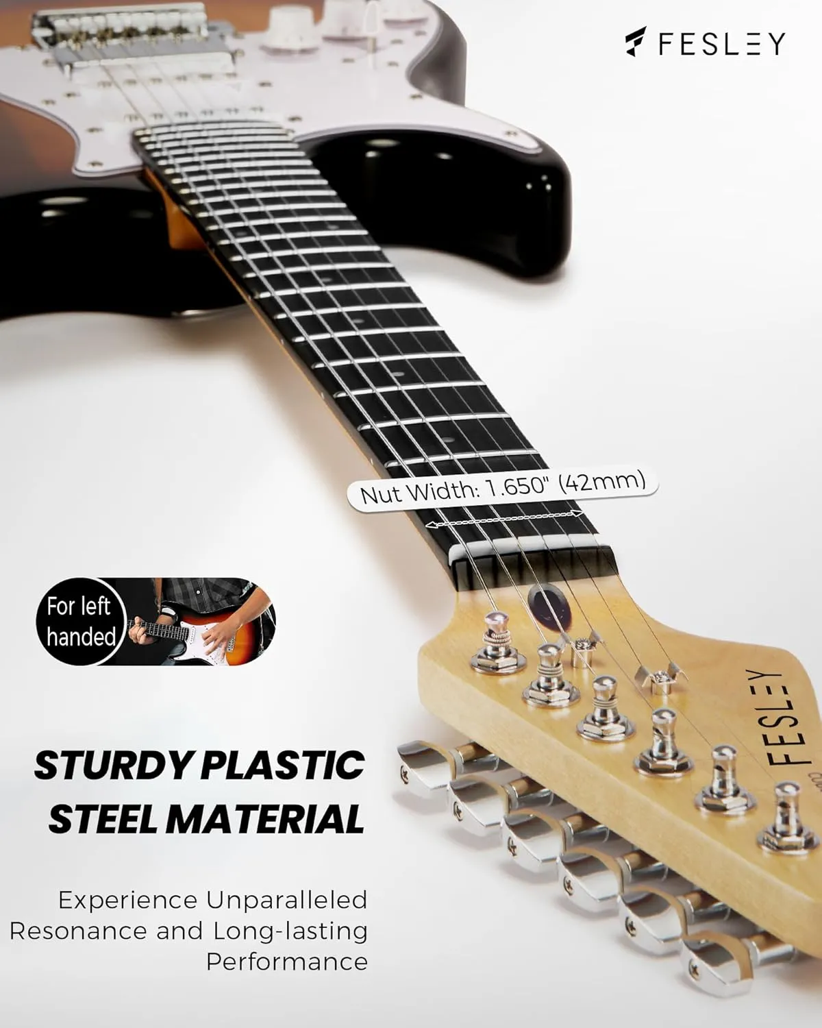 Fesley Left-Handed Electric Guitar: 39" Full Size Beginner Electric Guitar Kit, HSS Pickup, Solid Body Guitar Starter Set with Amplifier, Bag, Strap, String, Cable, FST100L, Sunburst