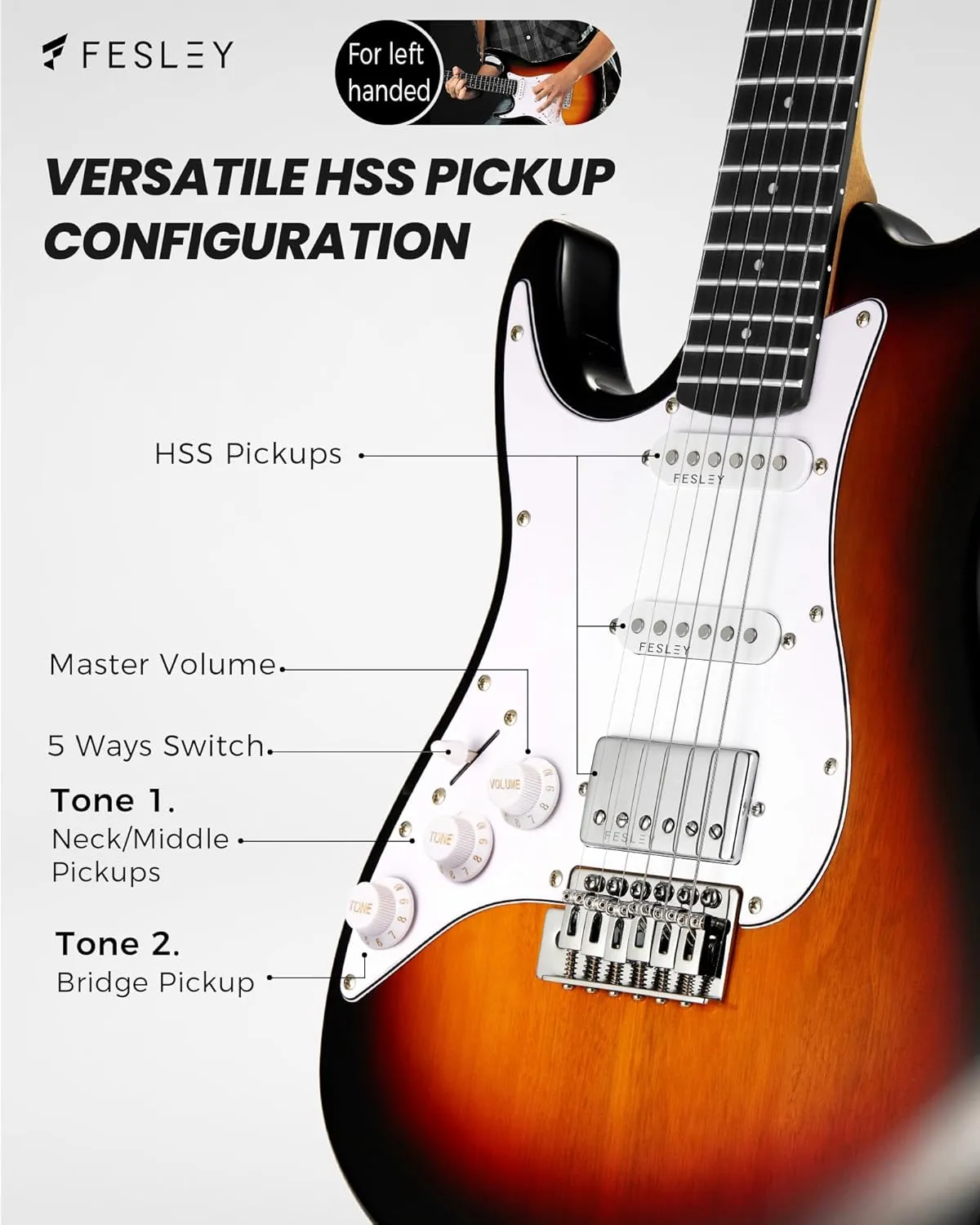 Fesley Left-Handed Electric Guitar: 39" Full Size Beginner Electric Guitar Kit, HSS Pickup, Solid Body Guitar Starter Set with Amplifier, Bag, Strap, String, Cable, FST100L, Sunburst