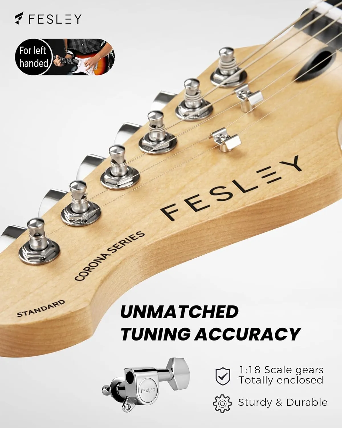 Fesley Left-Handed Electric Guitar: 39" Full Size Beginner Electric Guitar Kit, HSS Pickup, Solid Body Guitar Starter Set with Amplifier, Bag, Strap, String, Cable, FST100L, Sunburst