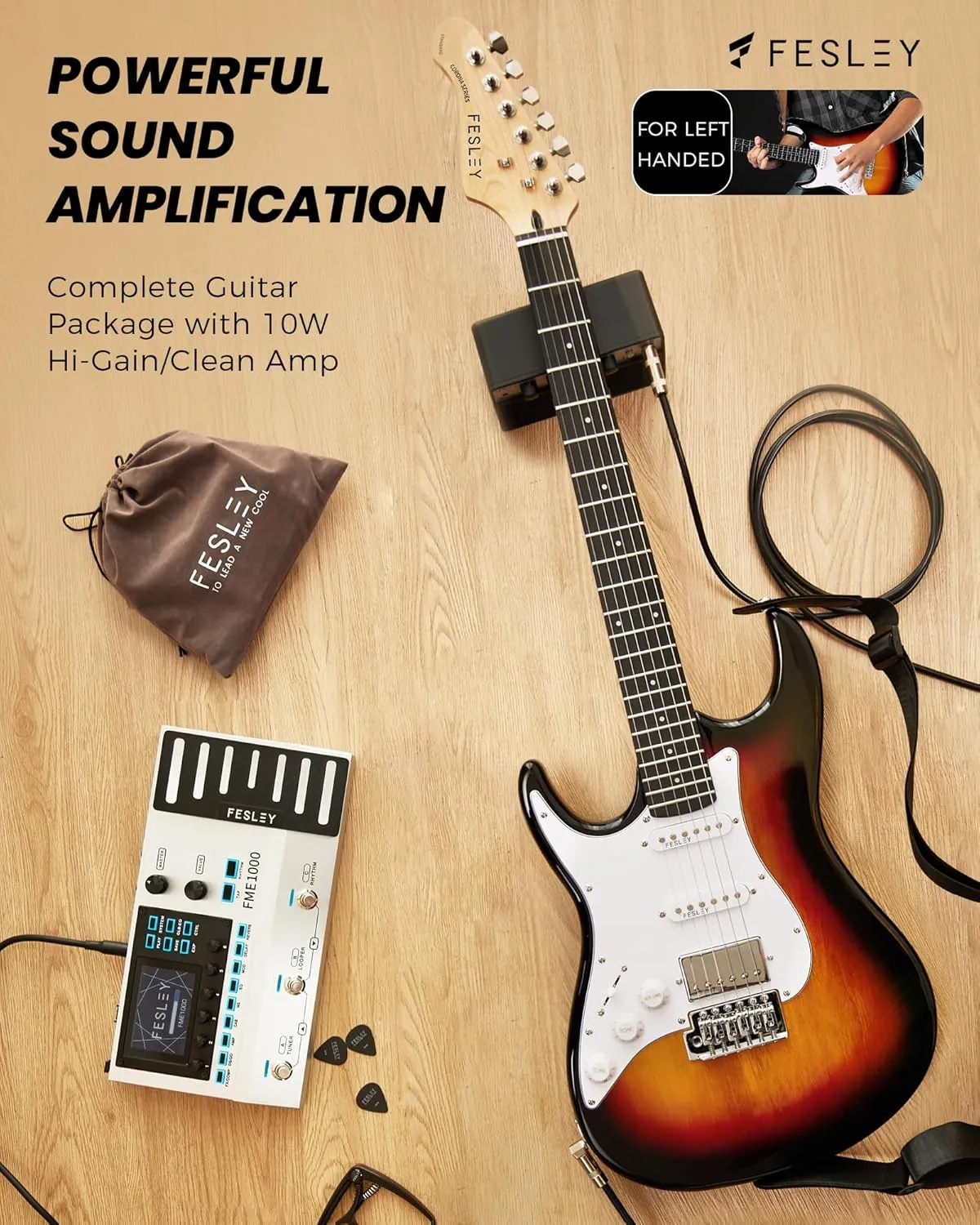Fesley Left-Handed Electric Guitar: 39" Full Size Beginner Electric Guitar Kit, HSS Pickup, Solid Body Guitar Starter Set with Amplifier, Bag, Strap, String, Cable, FST100L, Sunburst