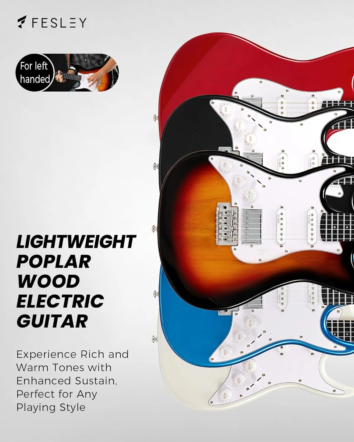 Fesley Left-Handed Electric Guitar: 39" Full Size Beginner Electric Guitar Kit, HSS Pickup, Solid Body Guitar Starter Set with Amplifier, Bag, Strap, String, Cable, FST100L, Sunburst