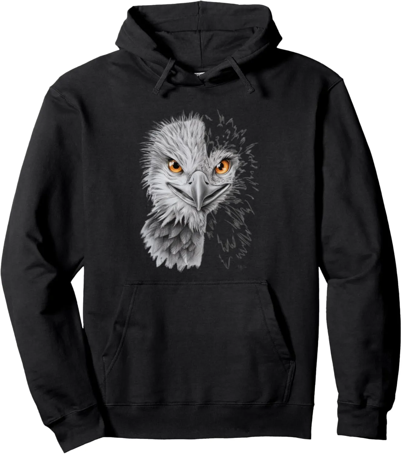 Fierce Eagle with Striking Orange Eyes, Half Sketch Art Hawk Pullover Hoodie