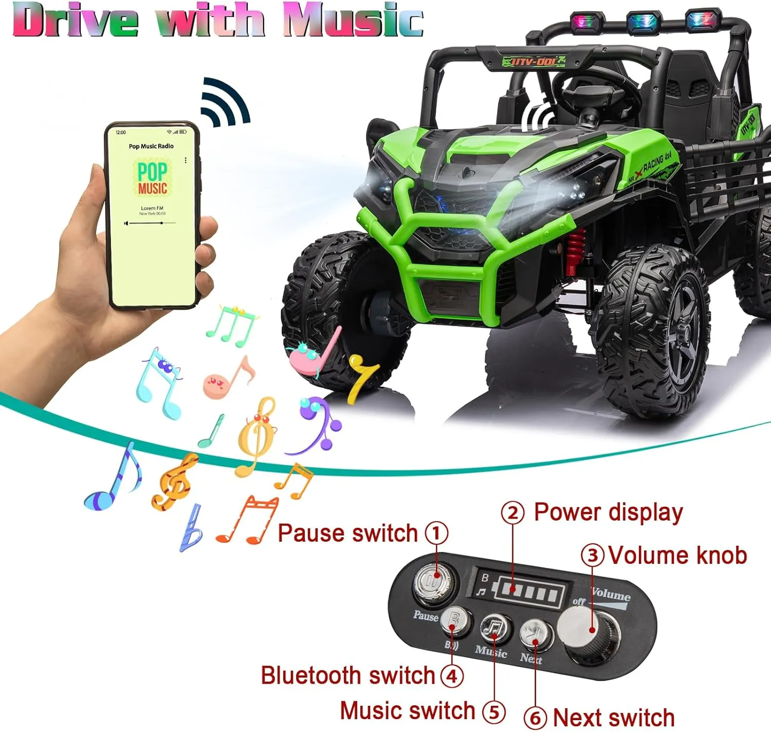 FINITO 2 Seats 24V 4x4 Motorized Ride on UTV Ride on Toy Car Remote Control, Kids Electric Ride on UTV,Off-Road Electric Vehicles for Boys Girls, Green