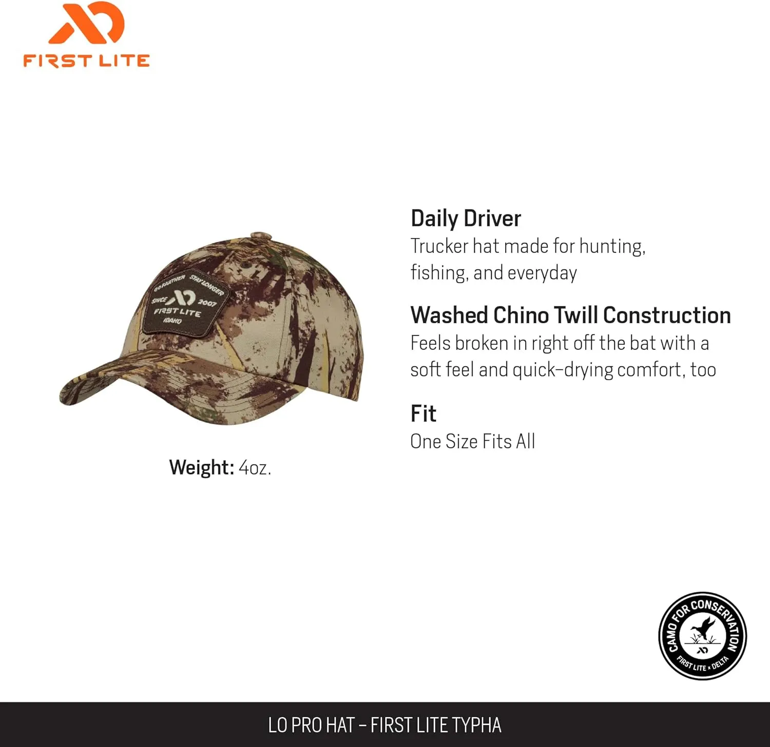 First Lite Lo-Pro Hat - Lightweight Durable Strapback Camo Hunting Cap