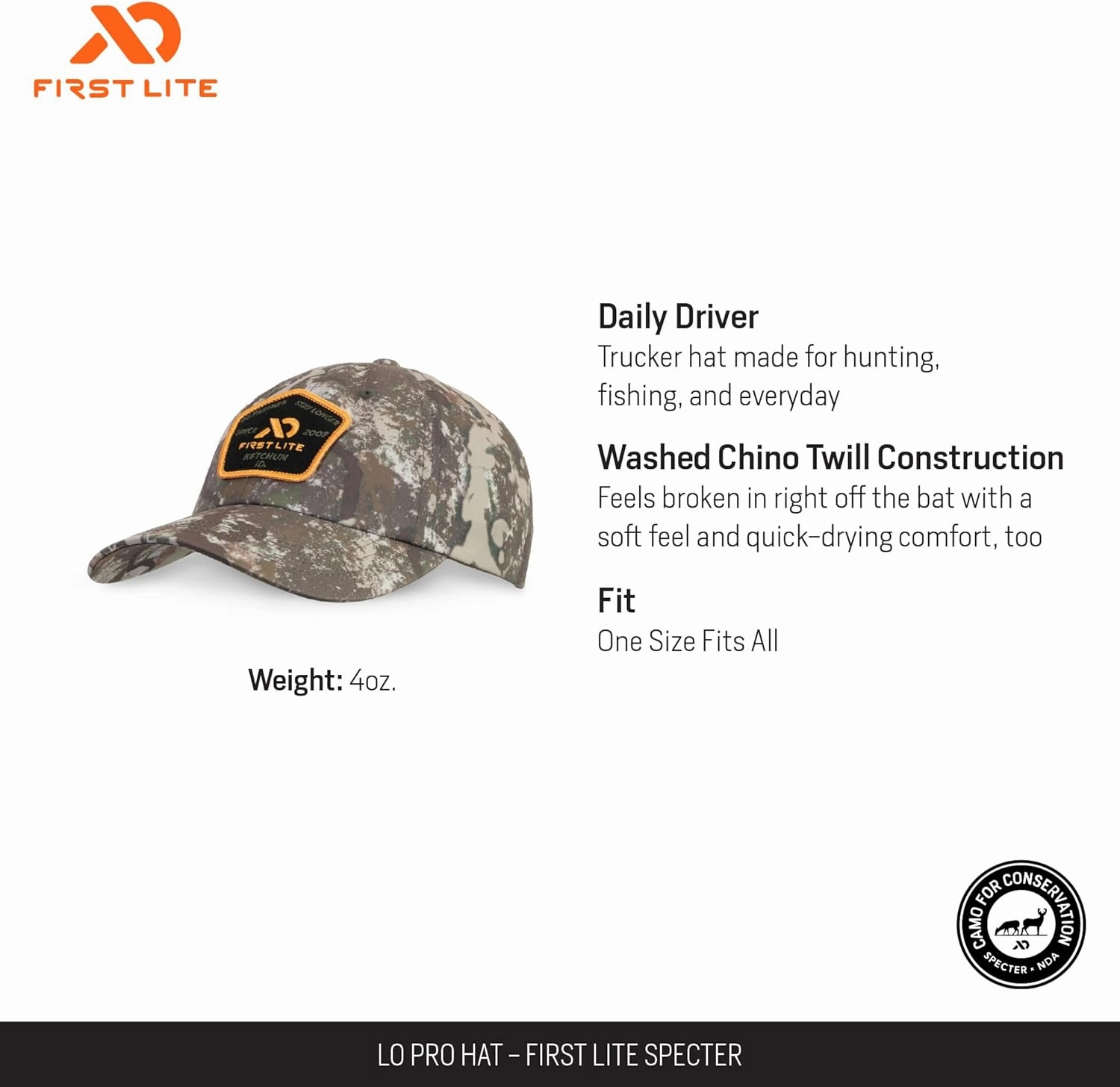 First Lite Lo-Pro Hat - Lightweight Durable Strapback Camo Hunting Cap