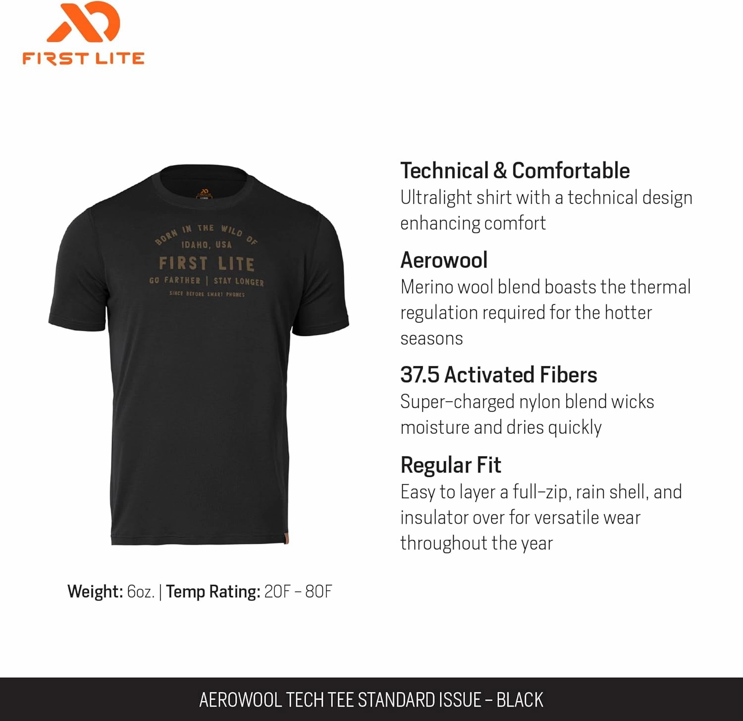 First Lite Men's Aerowool Tech Tee - Durable Merino Wool T-Shirt