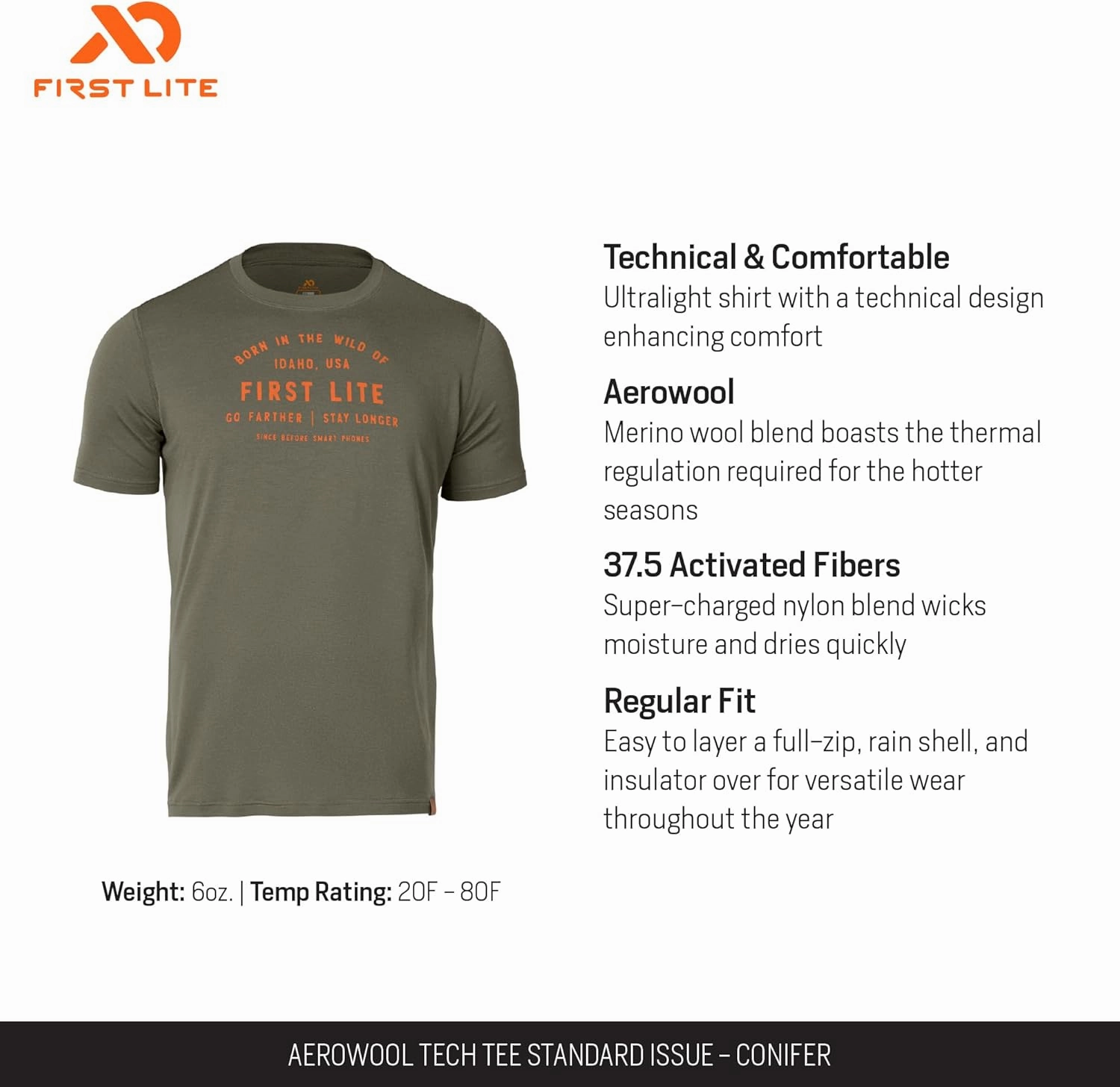 First Lite Men's Aerowool Tech Tee - Durable Merino Wool T-Shirt
