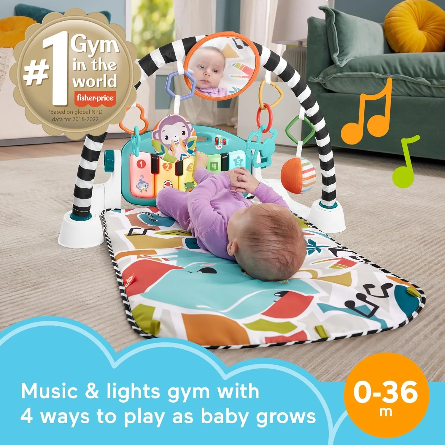 Fisher-Price Baby Playmat Glow and Grow Kick & Play Piano Gym, Blue Musical Learning Toy with Developmental Activities for Newborns 0  Months