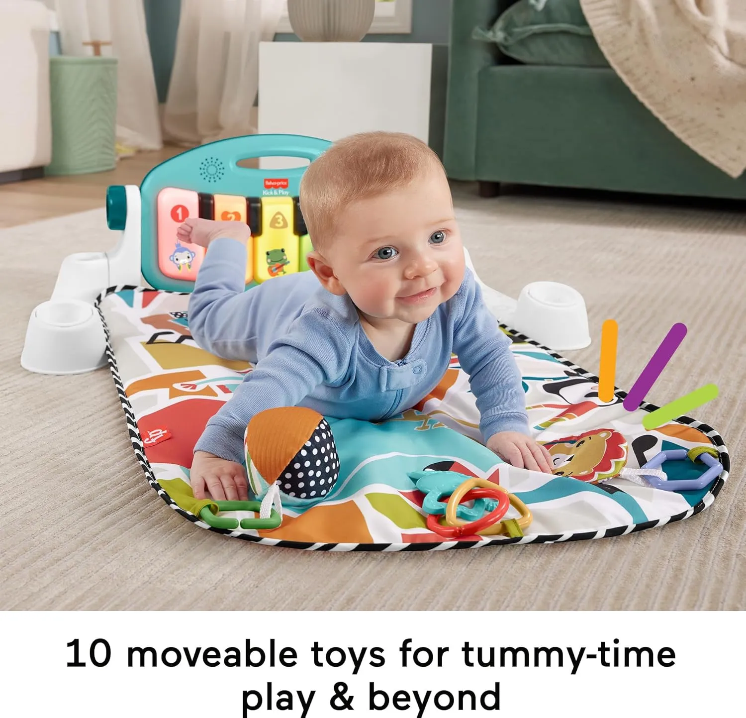Fisher-Price Baby Playmat Glow and Grow Kick & Play Piano Gym, Blue Musical Learning Toy with Developmental Activities for Newborns 0  Months