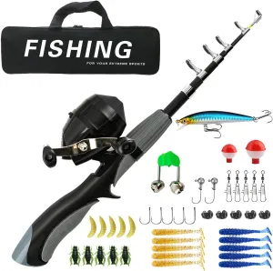 Fishing Pole Kit, Portable Telescopic Fishing Rod Kit, Fishing Rod Combos with Telescopic Fishing Pole Spinning Reels Fishing Carrier Bag, Compact for Youth & Beginners