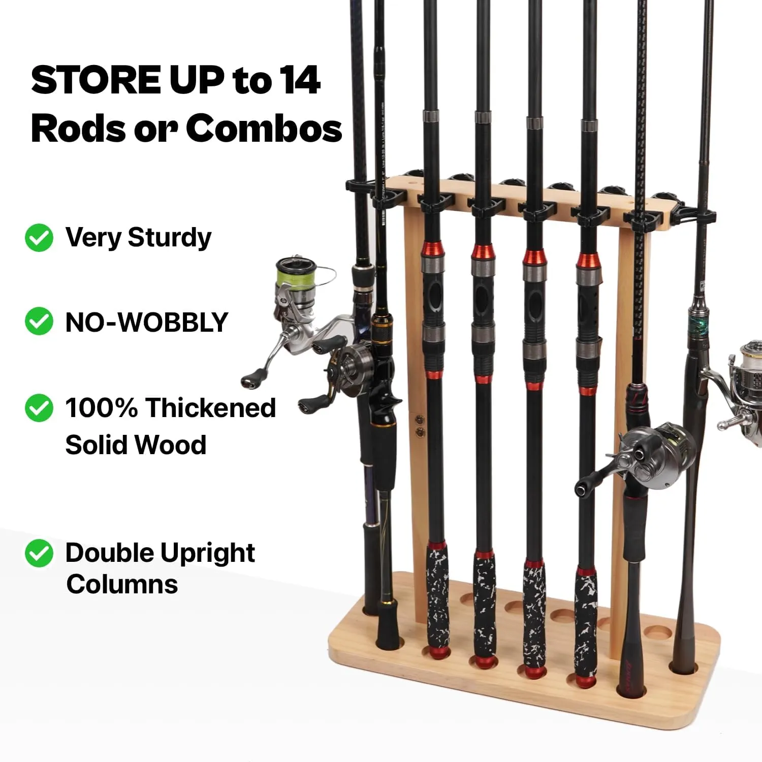 Fishing Rod Storage Racks, 100% Wood Floor Stand Fishing Pole Holders for Garage of 14 Rods or Combos