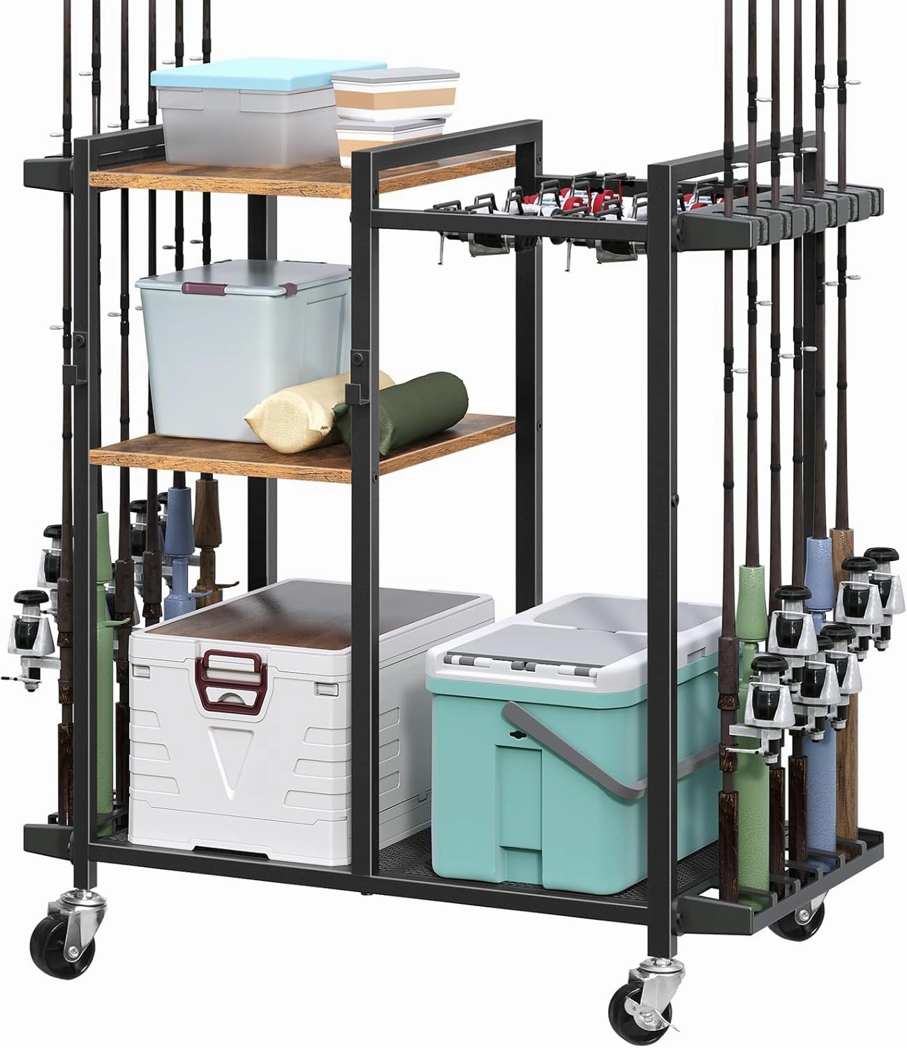 Fishing Rod Holder with Wheels, Movable Fishing Pole Rack Cart for 12 Rods, 3 Tier Fish Gear and Equipment Storage Organizer for Garage Living Room, Rustic Brown FRHR22201