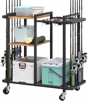 Fishing Rod Holder with Wheels, Movable Fishing Pole Rack Cart for 12 Rods, 3 Tier Fish Gear and Equipment Storage Organizer for Garage Living Room, Rustic Brown FRHR22201