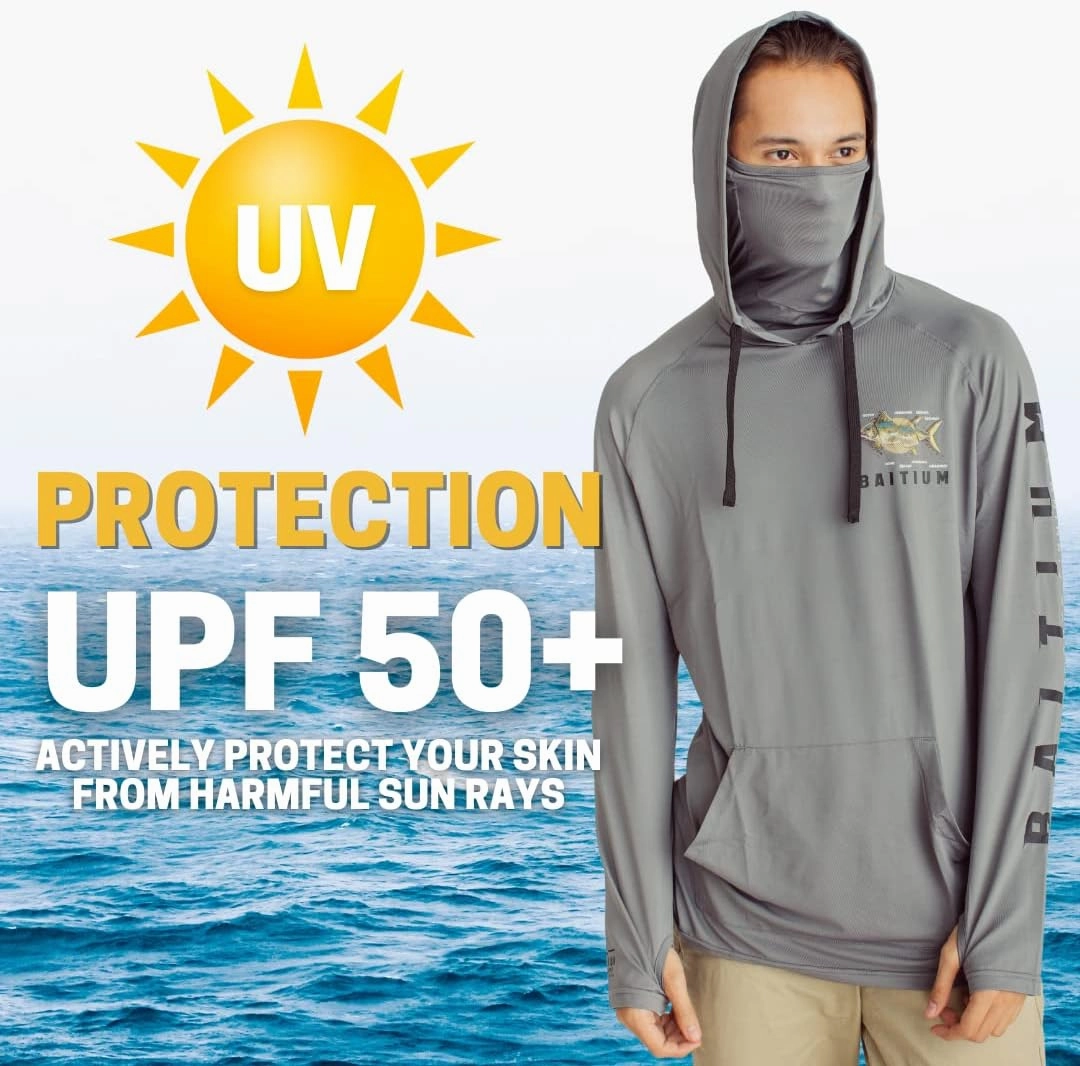 Fishing Shirts for Men,UPF50 Hooded Long Sleeve with Gaiter, Sun Protection Dry Fit Apparel, Face Mask, Fishing Clothes