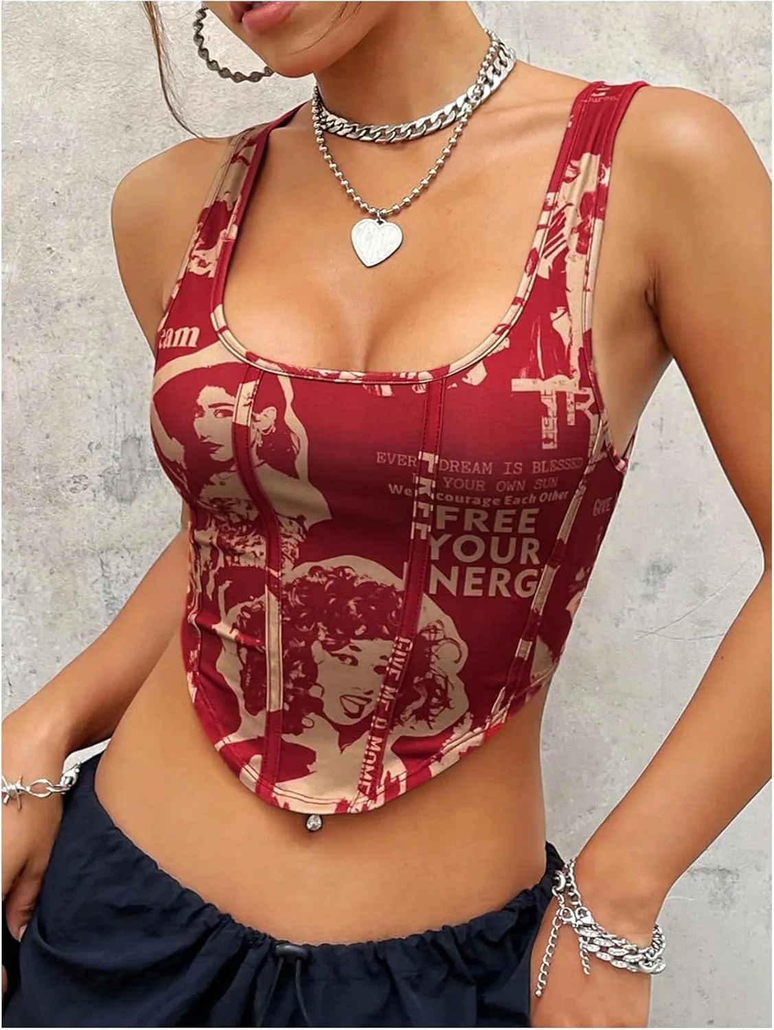 Floerns Women's Figure Letter Square Neck Tank Top Asymmetrical Hem Sleeveless Crop Tops