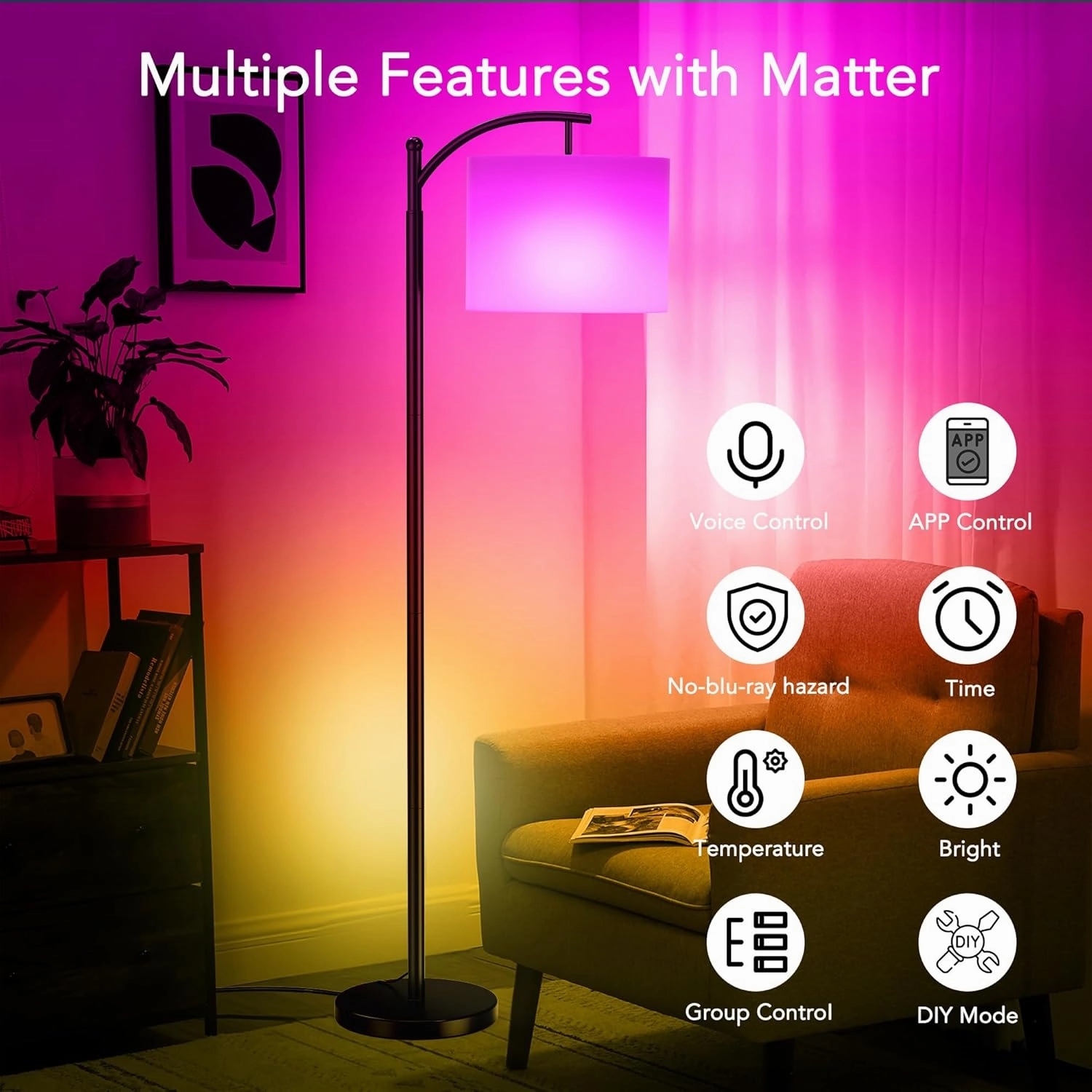 Floor Lamps with Matter Smart Light Bulb, RGB   Color Temperatures Bright Dimmable Smart Floor lamp, Living Room Standing Tall Industrial Floor Lamp (Beige Lampshade Included) -Black