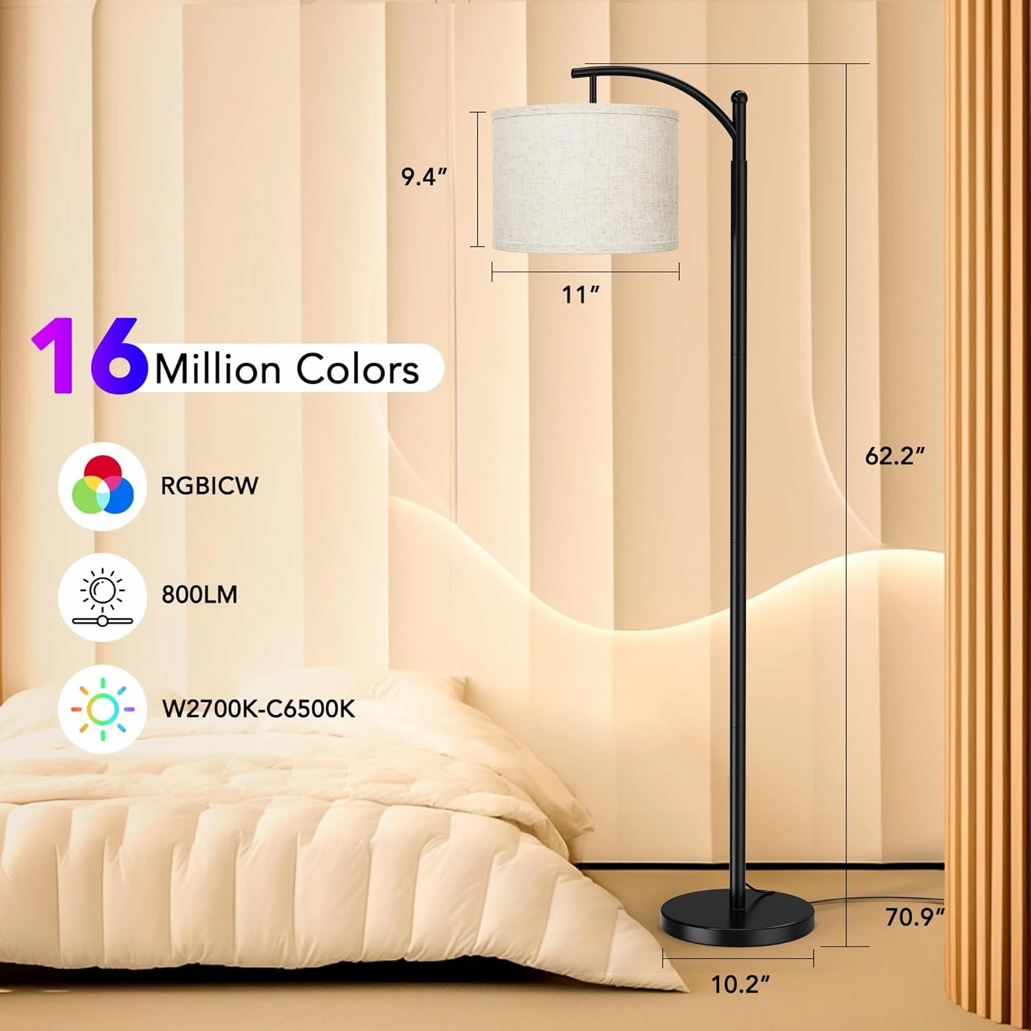 Floor Lamps with Matter Smart Light Bulb, RGB   Color Temperatures Bright Dimmable Smart Floor lamp, Living Room Standing Tall Industrial Floor Lamp (Beige Lampshade Included) -Black